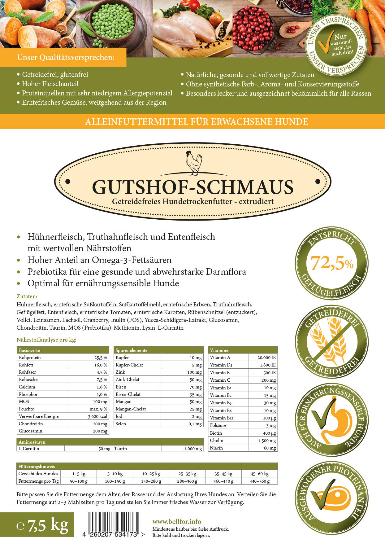 Bellfor Ausgesuchtes Fleisch und natürliche Zutaten Gutshof-Schmaus Trockenfutter 7,5 kg Enten Fleischstreifen Hundesnack 100 g und Knabber Schmaus Kekse mit Huhn 100 g