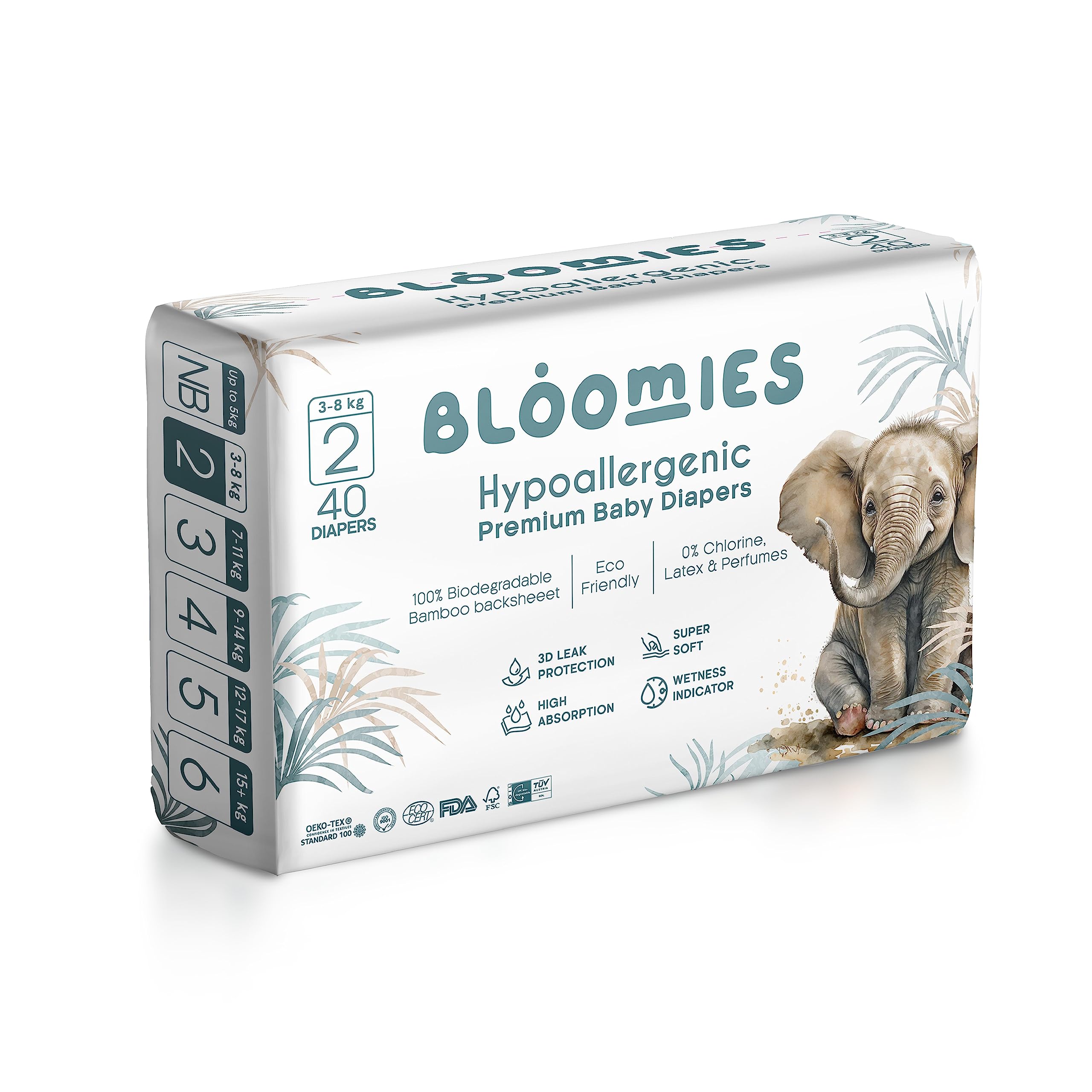 Premium Baby Diapers Size 2, 3-8 kg, 40 Count, Wetness Indicator Eco-friendly and Hypoallergenic Ultra-soft Nappy Diaper Skin Friendly, Leakage Protection,100% Organic Natural Bamboo Made