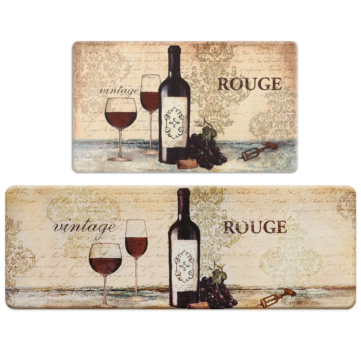 FRESHMINT Farmhouse Kitchen Mats Sets 2 Piece Cushioned Anti-Fatigue Comfort Mat for Home & Office Ergonomically Engineered Memory Foam Kitchen Rug Waterproof Non-Skid, 30" by 17" + 47" by 17",Wine