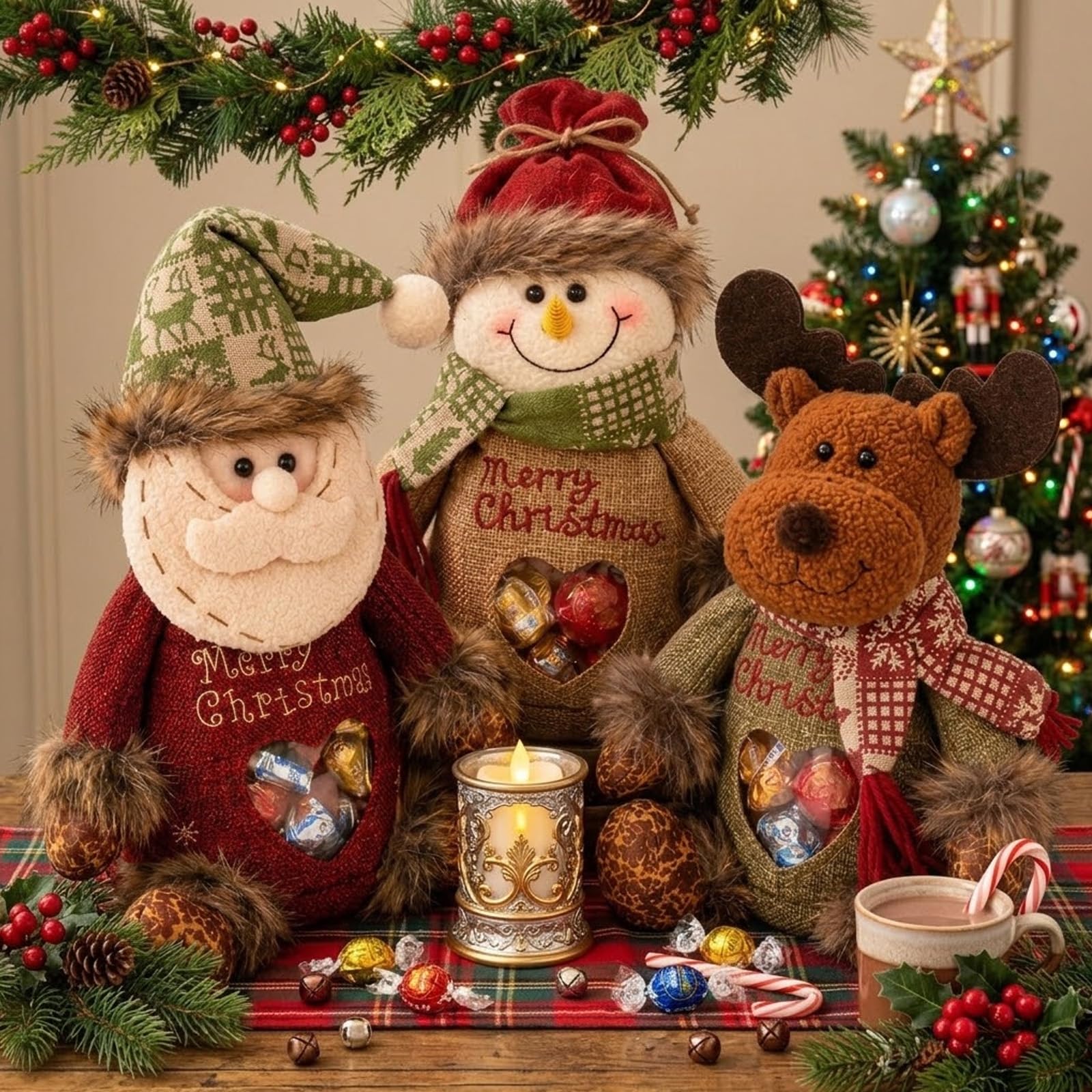 Christmas Gift Bags Zipper Design 3D Doll Storage，3PCS