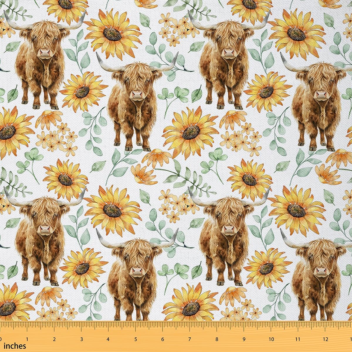 Homemissing Highland Cow Fabric by The Yard 1 Yard (L92*W150cm) Sunflower Floral Decorative Waterproof Fabric Highland Cattle Farmhouse Animal Western DIY Decor