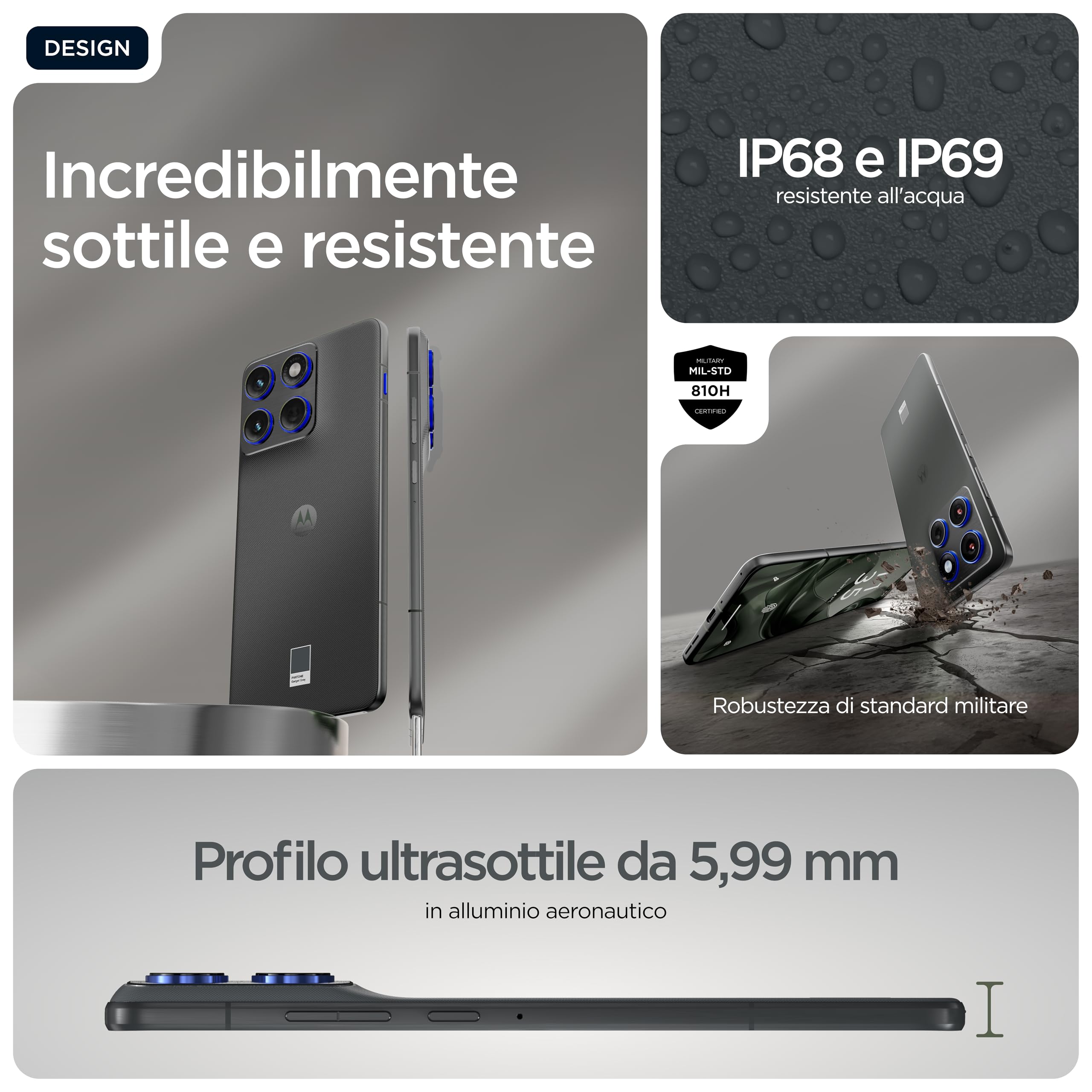 Motorola edge 70 con Moto AI (12/512GB, Tripla fotocamera da 50MP + flicker sensor, selfie 50MP, ultra sottile 5.99mm, 4800mAh Silicon-Carbon, Display 6.67" Super HD 120Hz, PANTONE Gadget Grey