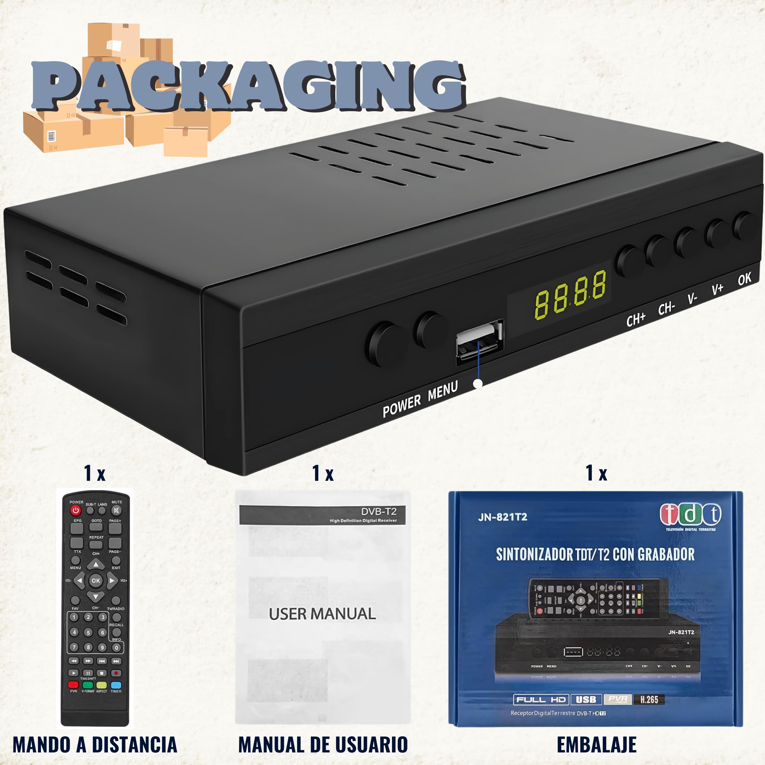 Decodificador TDT HD HDMI Euroconector DVB-T2 H.265 HEVC Para TV Antigua Con Sintonizador Integrado y Reproductor USB