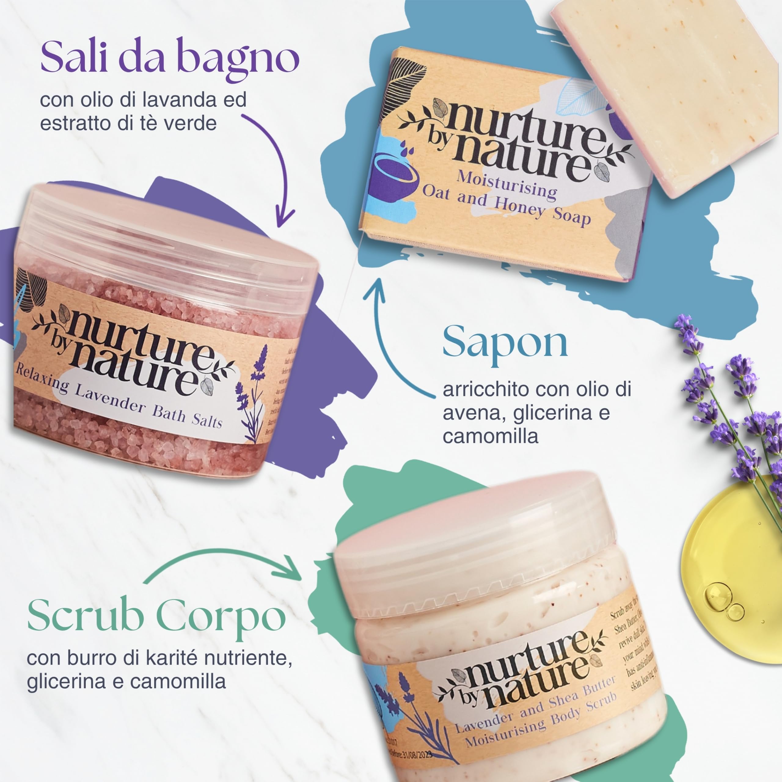 NURTURE BY NATURE Set Regalo Donna Rilassante – 6 pezzi con candela profumata, spray cuscino alla lavanda, sali da bagno e crema mani – idea regalo San Valentino e Festa della Mamma, compleanno
