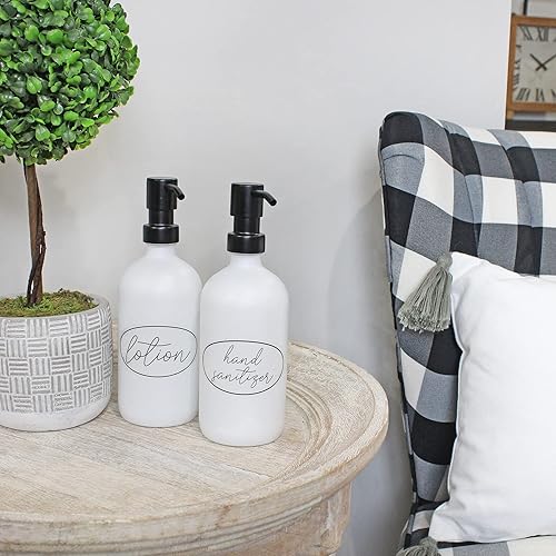 Miniatura 4 de Darware Botellas de bomba de vidrio de 16 onzas (juego de 2, blanco con negro) botellas dispensadoras de jabón con tapas de bomba de metal cepillado