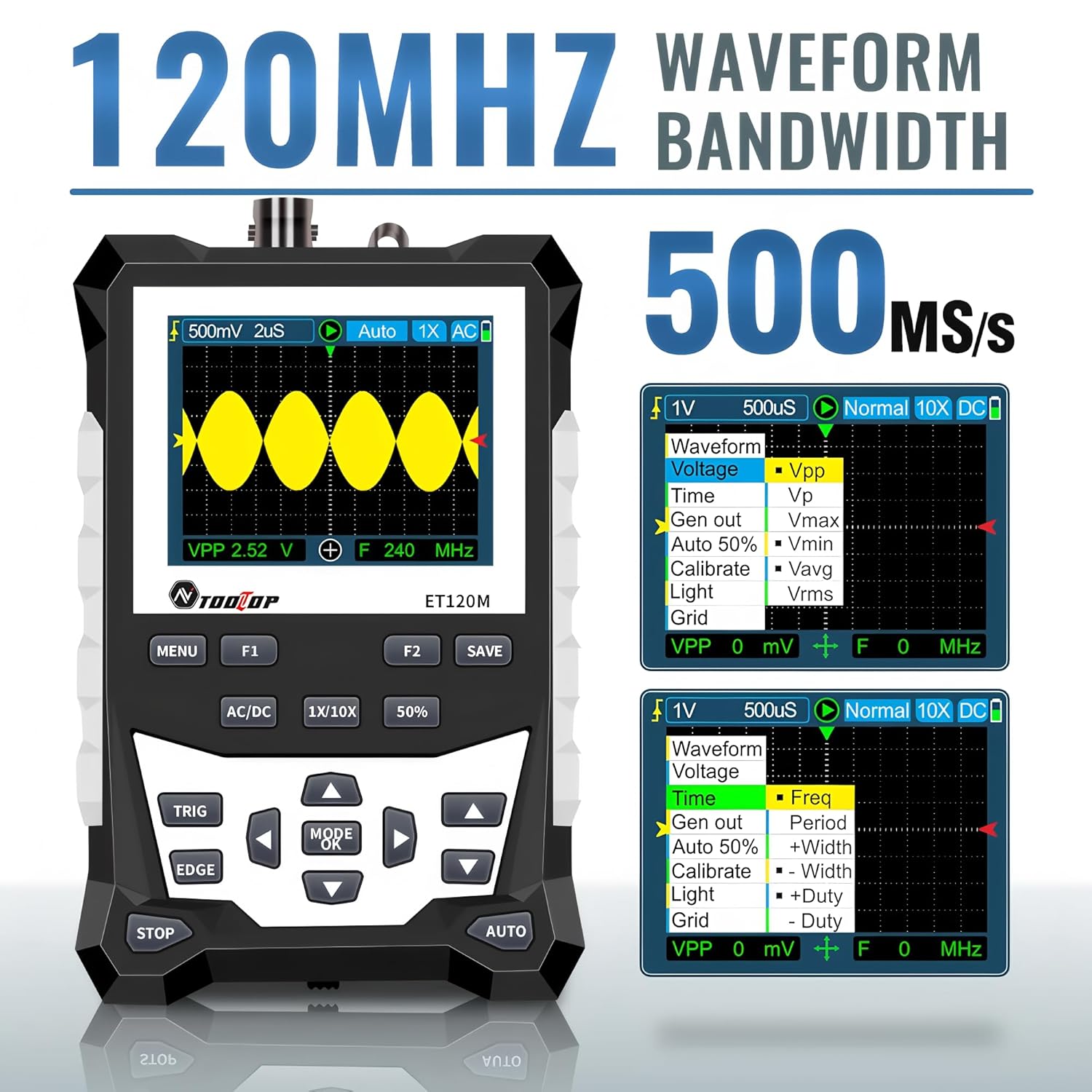 Oscilloscope screen displaying various waveform measurement parameters like Vpp, Vrms, Vavg, F, T, and duty cycle.