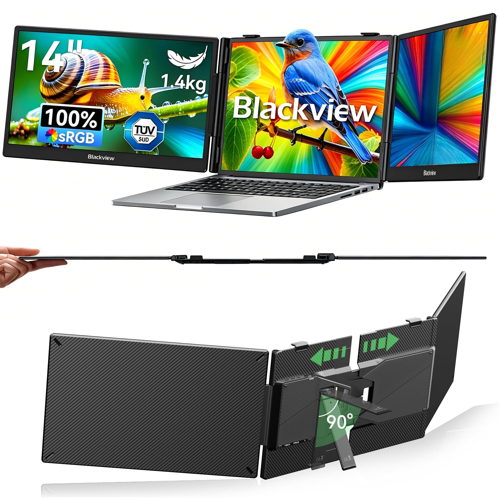 Blackview Laptop Monitor Erweiterung 14", Niedriges Blaulicht 1080P FHD HDMI/USB-A/USB C/100W PD-Rückwärtsladung Portable Monitor für Laptop 13,3"-17,3"/Smartphone/PC/Mac/PS5/Xbox