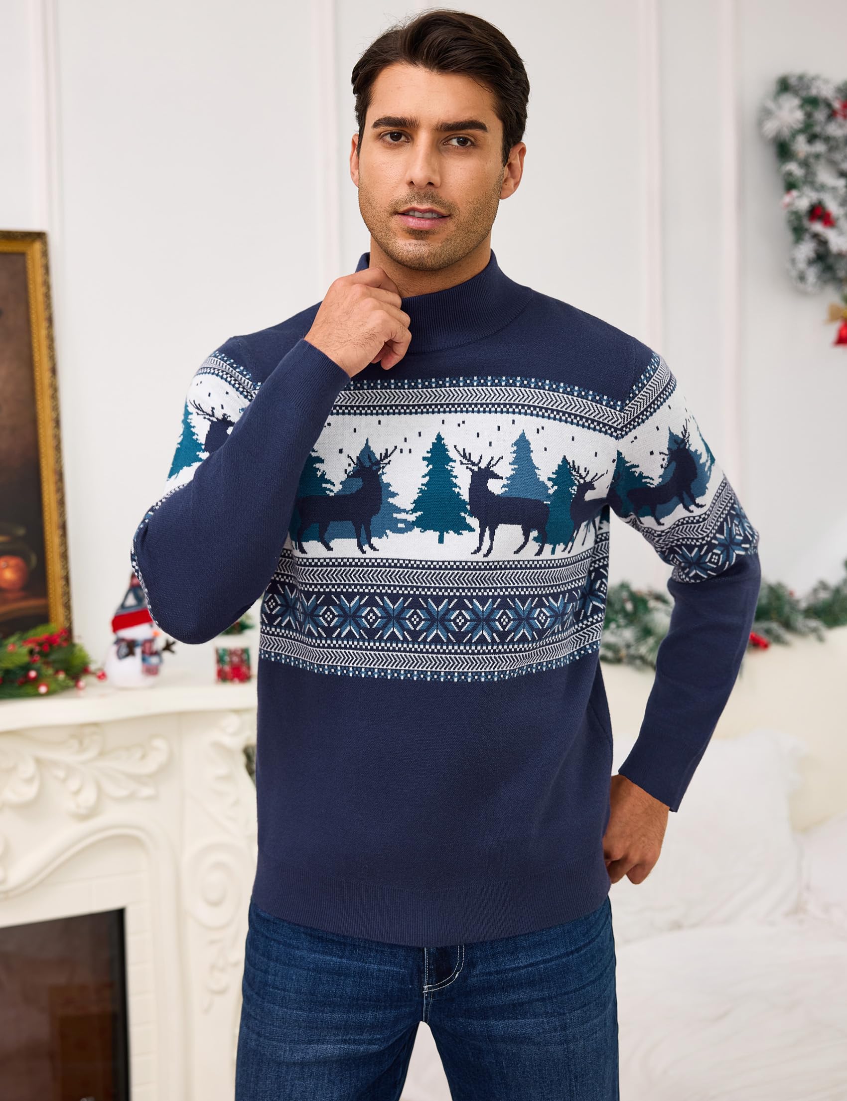 Świąteczny sweter męski z golfem z reniferem, elegancki i ciepły zimowy sweter z dzianiny, zabawny świąteczny sweter na imprezę i czas wolny S-XXL