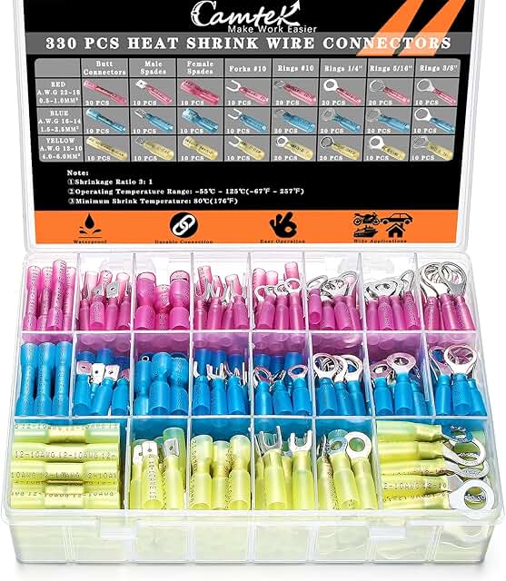 330PCS Heat Shrink Wire Connectors, Camtek 22-10 AWG Electrical Wire Connectors Crimp Connectors Insulated Automotive Mari...