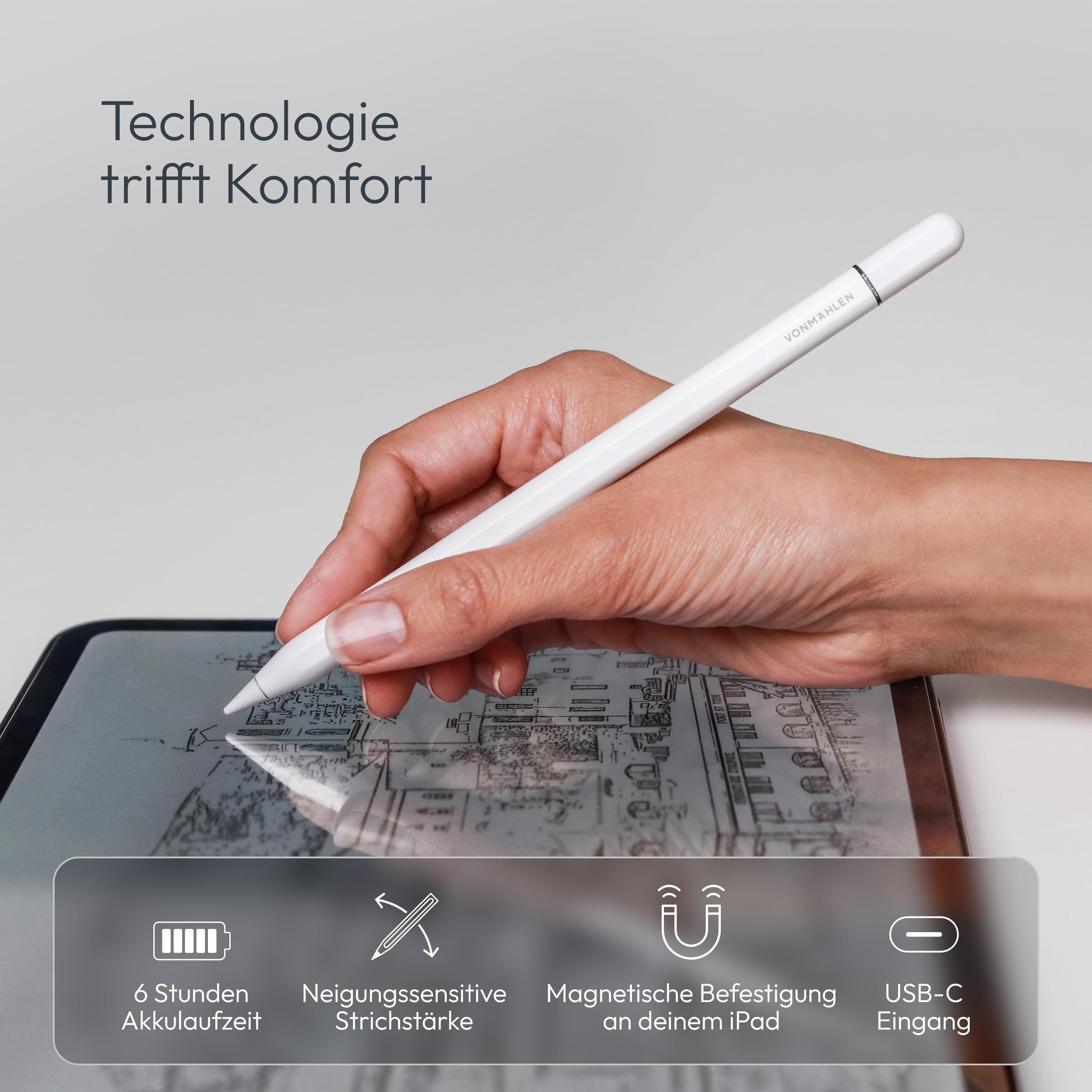 VONMÄHLEN Smart Pencil – Magnetischer Digitalstift mit 6 Std. Akkulaufzeit, Neigungssensitivität und Schnellladung - Black