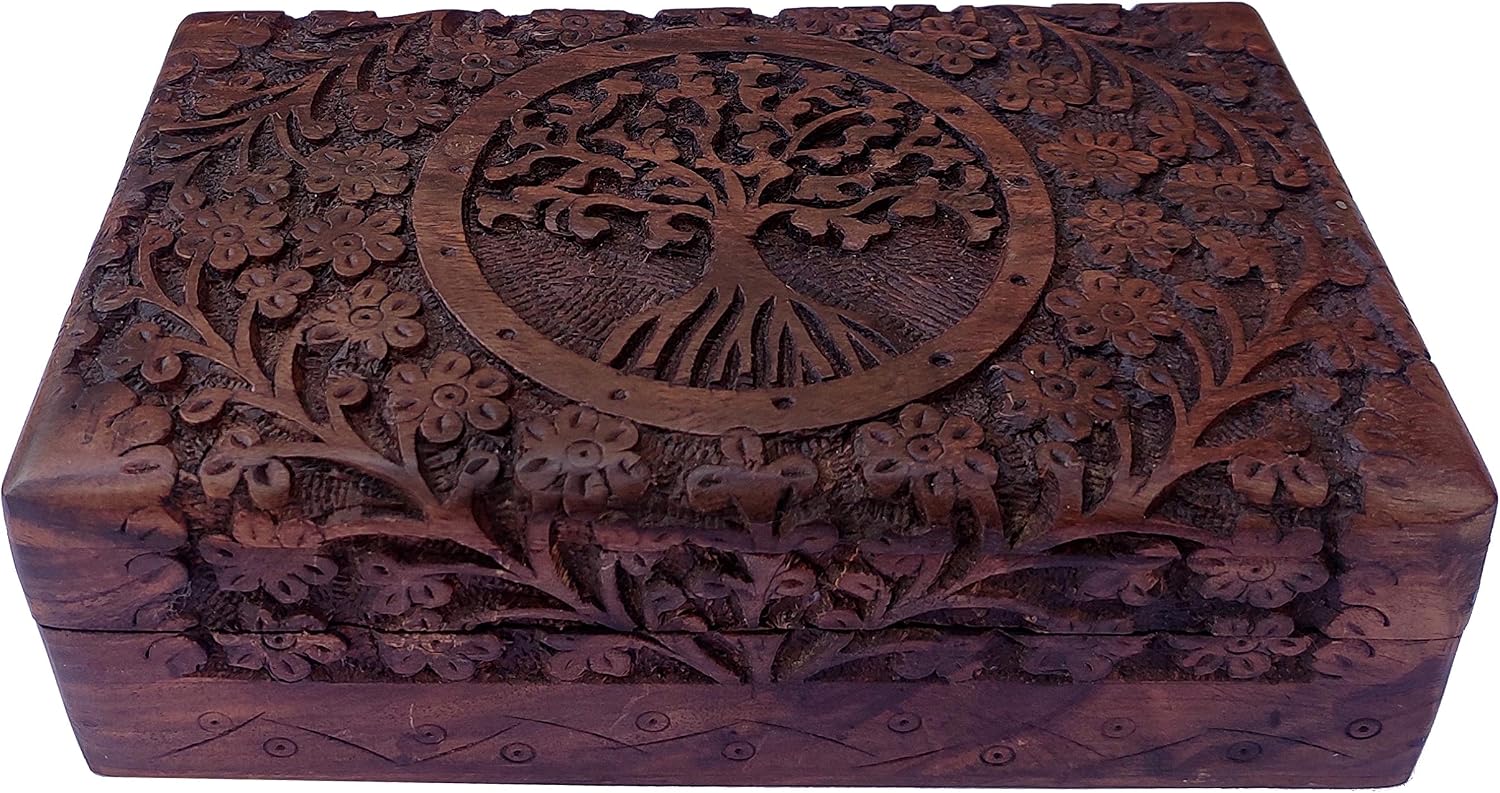 Purpledip Wooden Jewellery Box 'Tree of Life': Handcarved Intricate Design (12235), Brown, Medium
