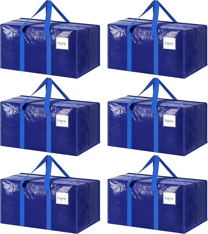 6 Pack Extra Heavy Duty Large Moving Bags with Strong Zipper & Comfortable Handles, Sturdy & Durable Clothes Storage Bags Totes Bins, Packing Moving Boxes for College Supplies, Blue 6 Pack Extra Heavy Duty Large Moving Bags with Strong Zipper & Comfortable Handles, Sturdy & Durable Clothes Storage Bags Totes Bins, Packing Moving Boxes for College Supplies, Blue