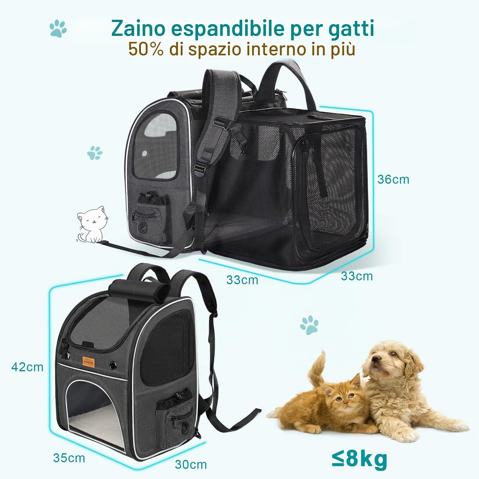Morpilot Zaino per Gatti Cani Estensibile, Trasportino per Cani Gatti 8 kg, Portatile Zaino Cane Gatto per i viaggi in treno all'aperto