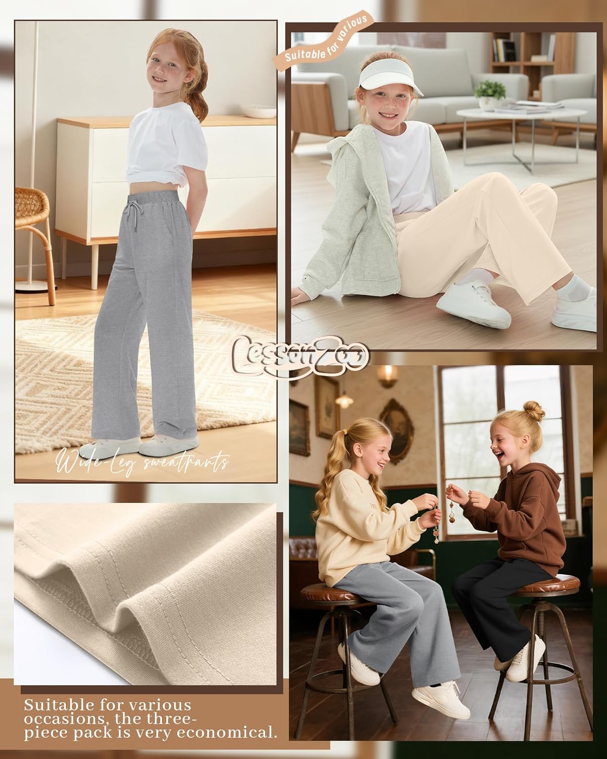 3 Pack Girls Sweatpants Straight Leg Ribbed Waist Active Joggers Teens Athletic Pants with Drawstring and Pockets - Image 2