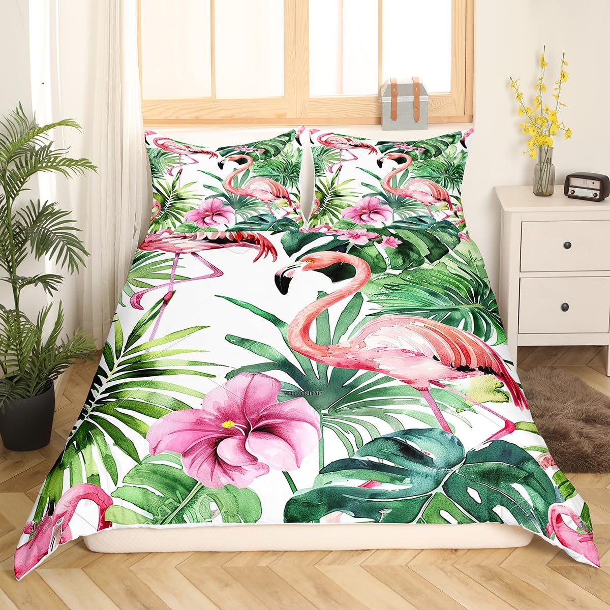 richhome Flamingo Bedding Set Tropical Flamingo Pattern Comforter Cover for Kids Adult Green Palm Leaf Duvet Cover Hawaiian Botanical Bedspread Cover Room Decor 2Pcs With 1 Pillow Case Single Size - Image 4