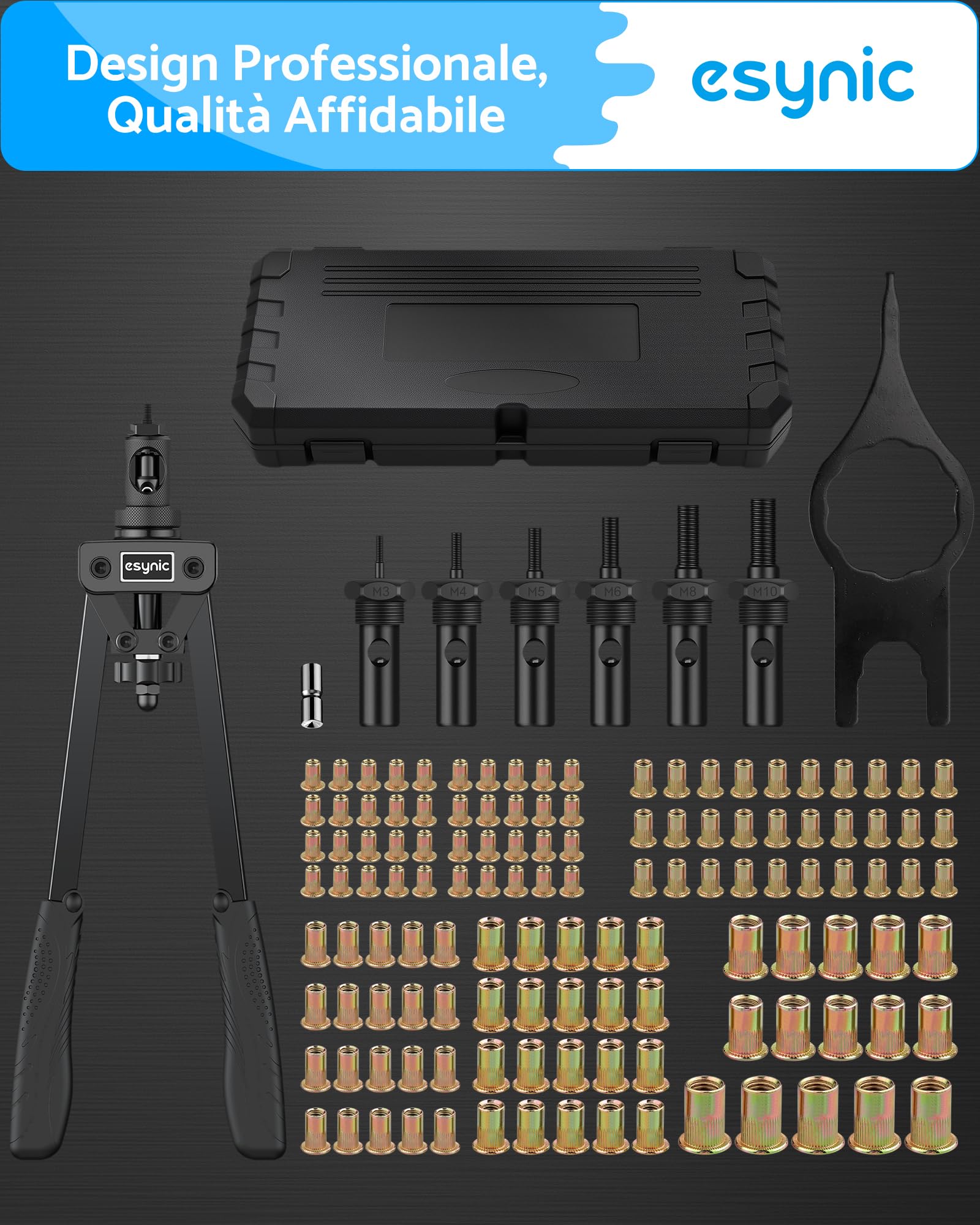 eSynic Kit 14'' Rivettatrice Professionale per Impieghi Gravosi con 125 Dadi Rivetti M3 M4 M5 M6 M8 M10, Pinza Pistola Manuale a Rivetti 6 Mandrini con Valigetta per Riparazione Auto Mobili - Nero