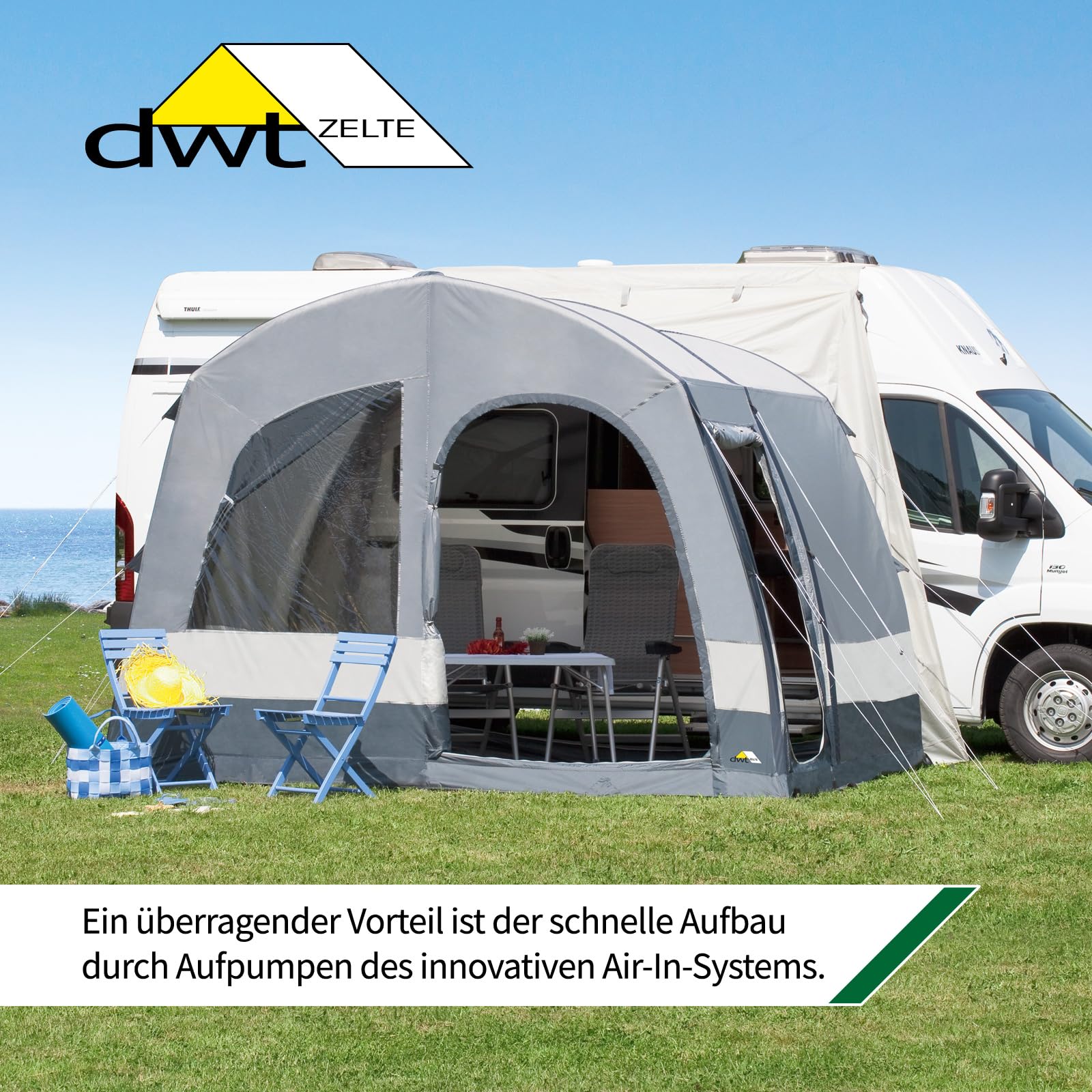 DWT Wohnmobil Vorzelt Luna Air, 350 x 250 cm, aufblasbares Mobilzelt, freistehend für Busse und Kastenwagen inkl. Zeltboden