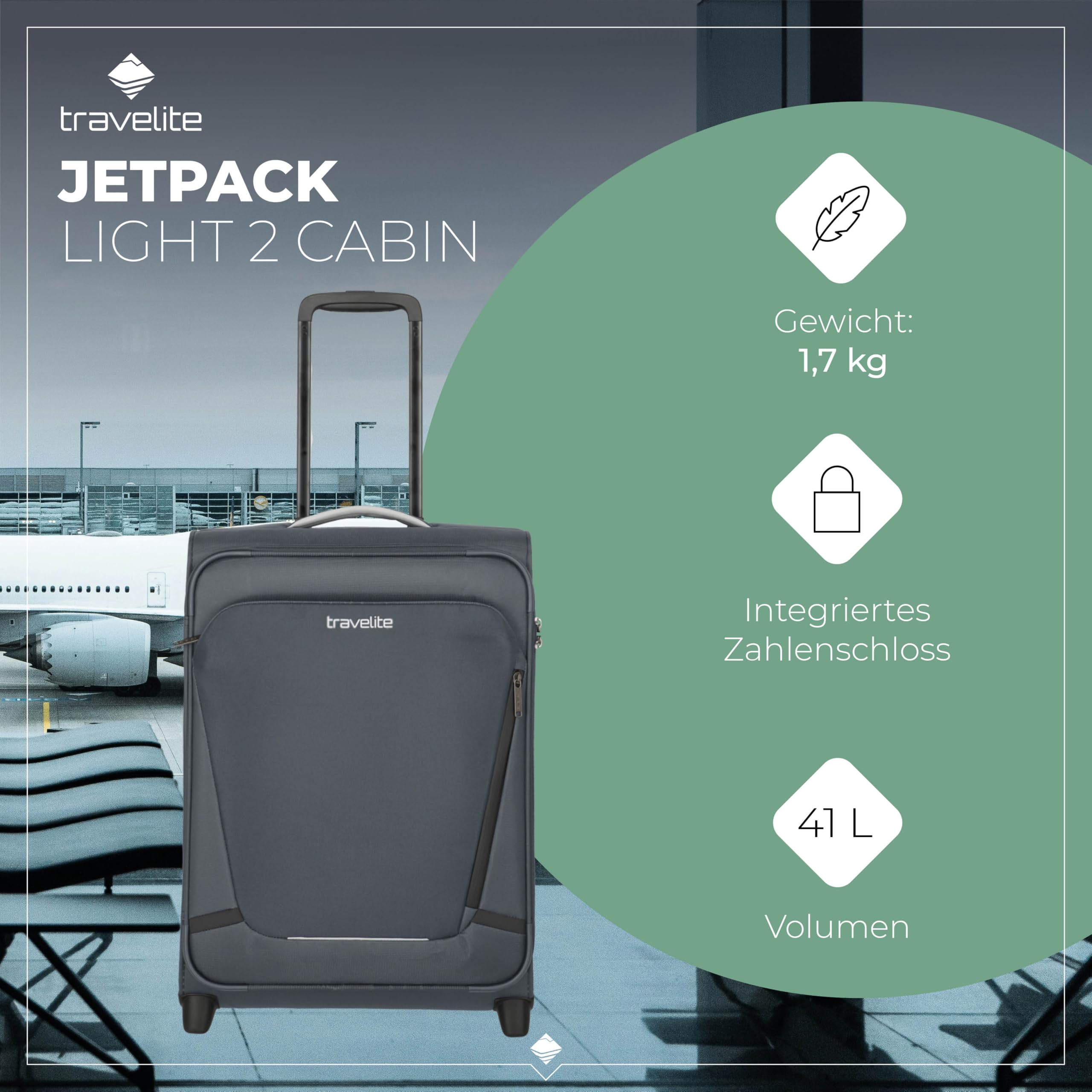Travelite Jetpack Handgepäck Koffer 55x40x20 cm, für Ryanair & Condor, 1,7 kg, ultraleichtes Weichgepäck, 2-Rollen, Zahlenschloss, aufsteckbarer Trolley