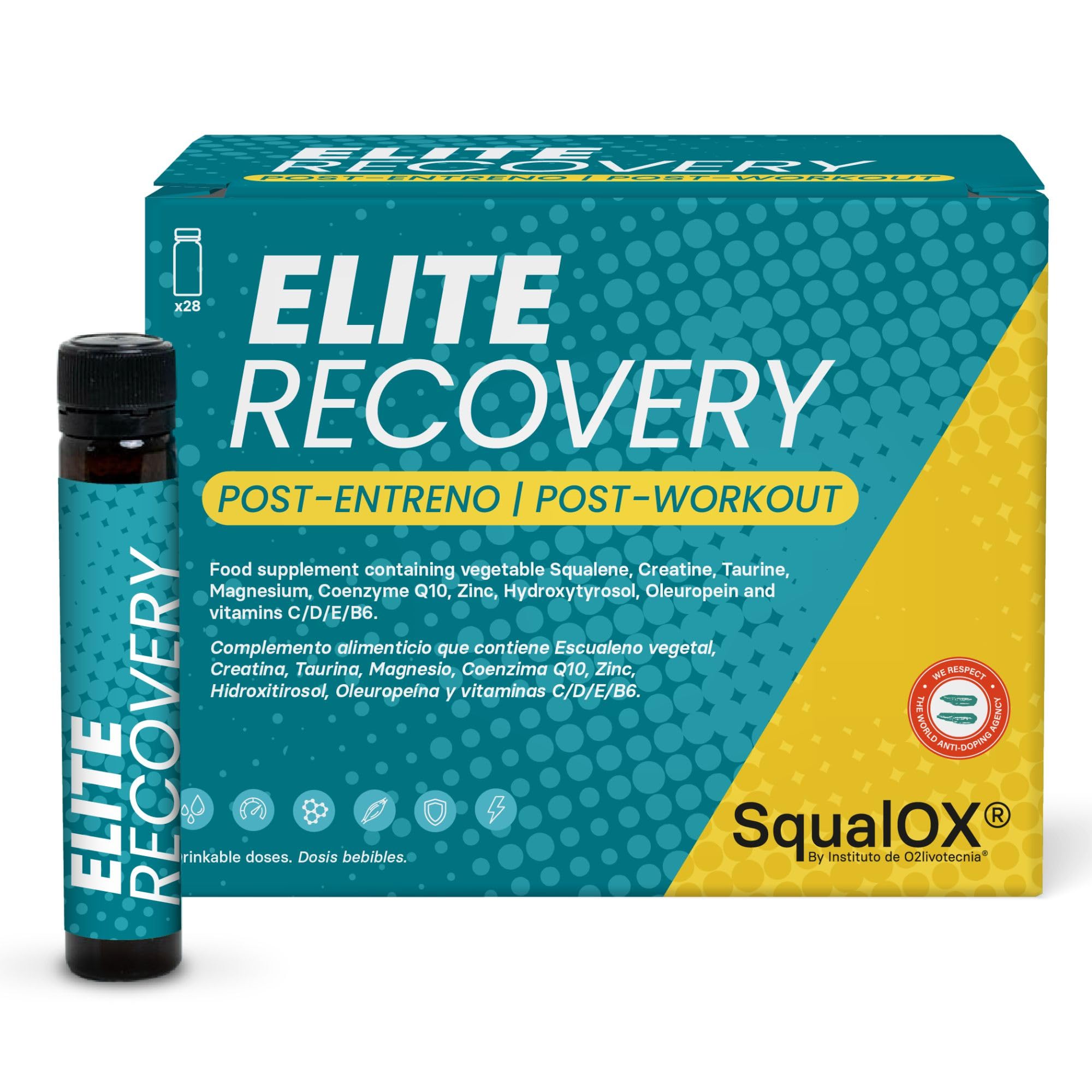 Elite Recovery – Suplemento post-entreno con Creatina, Taurina, Escualeno, Polifenoles, Magnesio, Zinc, Coenzima Q10 y Vitaminas C, D, E y B6 | Recuperación muscular (15 dosis)