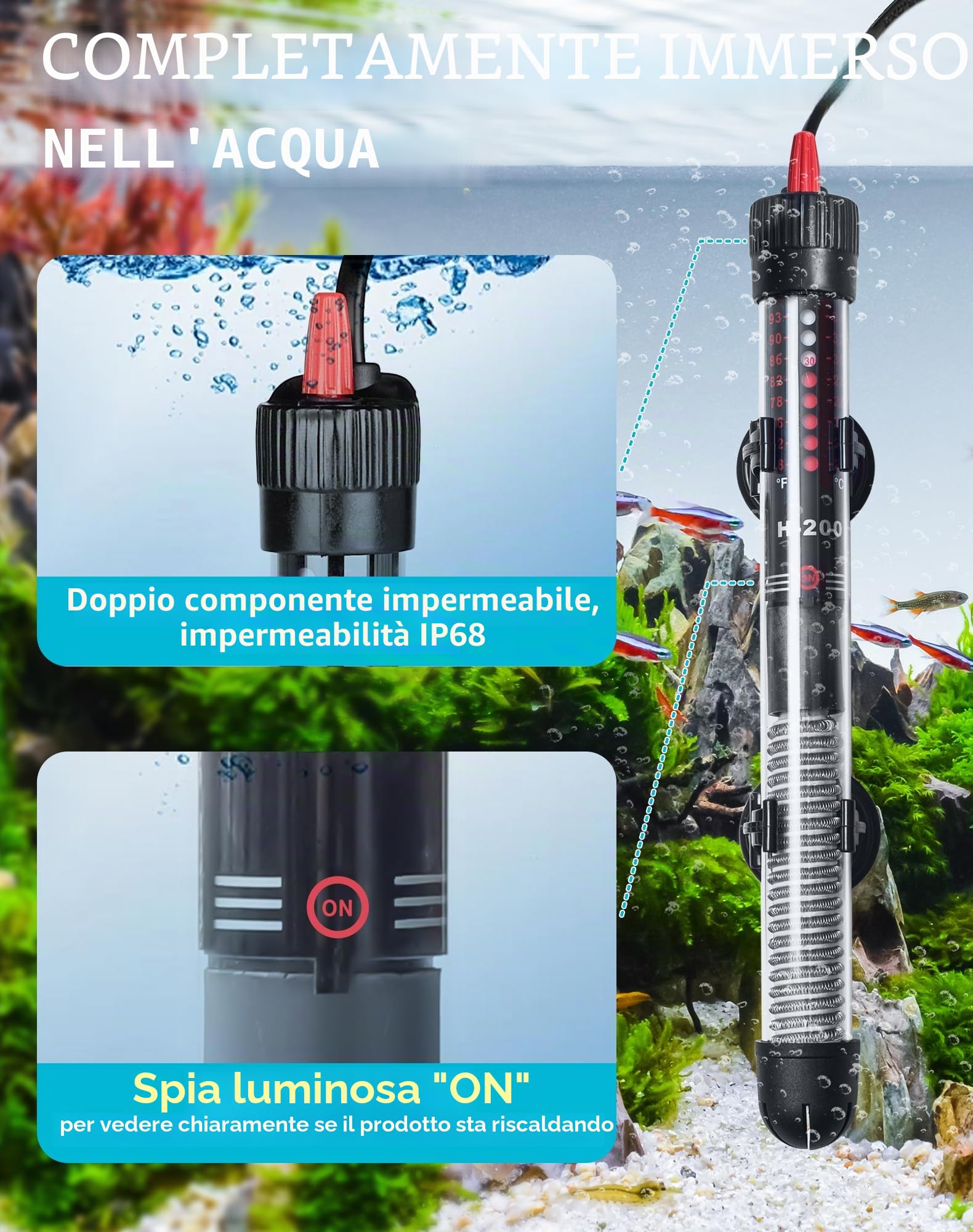 Riscaldatore per Acquario 60L 50W Riscaldatore Sommergibile Riscaldatore Termostato Regolabile Termoriscaldatore Acquario per Serbatoi di Pesce e Acquario 30L-60L (20-34°C, 50W)