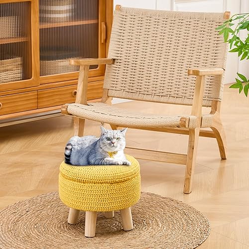 Miniatura 2 de Wimarsbon Puf otomano, reposapiés bohemio de punto 100% algodón, reposapiés redondo con patas de madera antideslizantes, decoración del hogar, puf