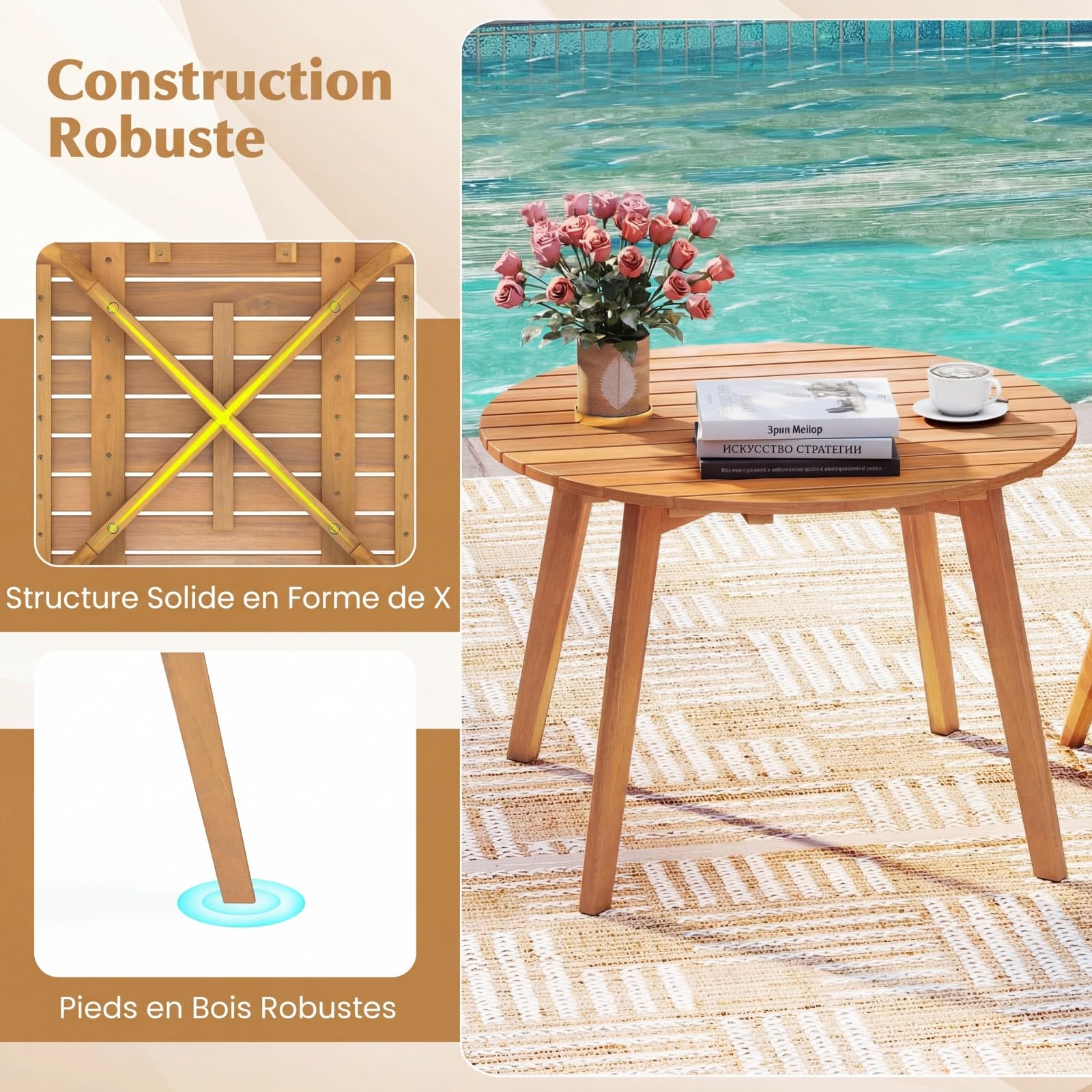 GOPLUS Table Basse Exterieur 62x40cm, Petite Table de Jardin en Bois d'Acacia avec Plateau Rond à Lattes&4 Pieds Fiables, Montage Facile, Meuble de Bistrot pour Terrasse Balcon Piscine, Charge 75kg