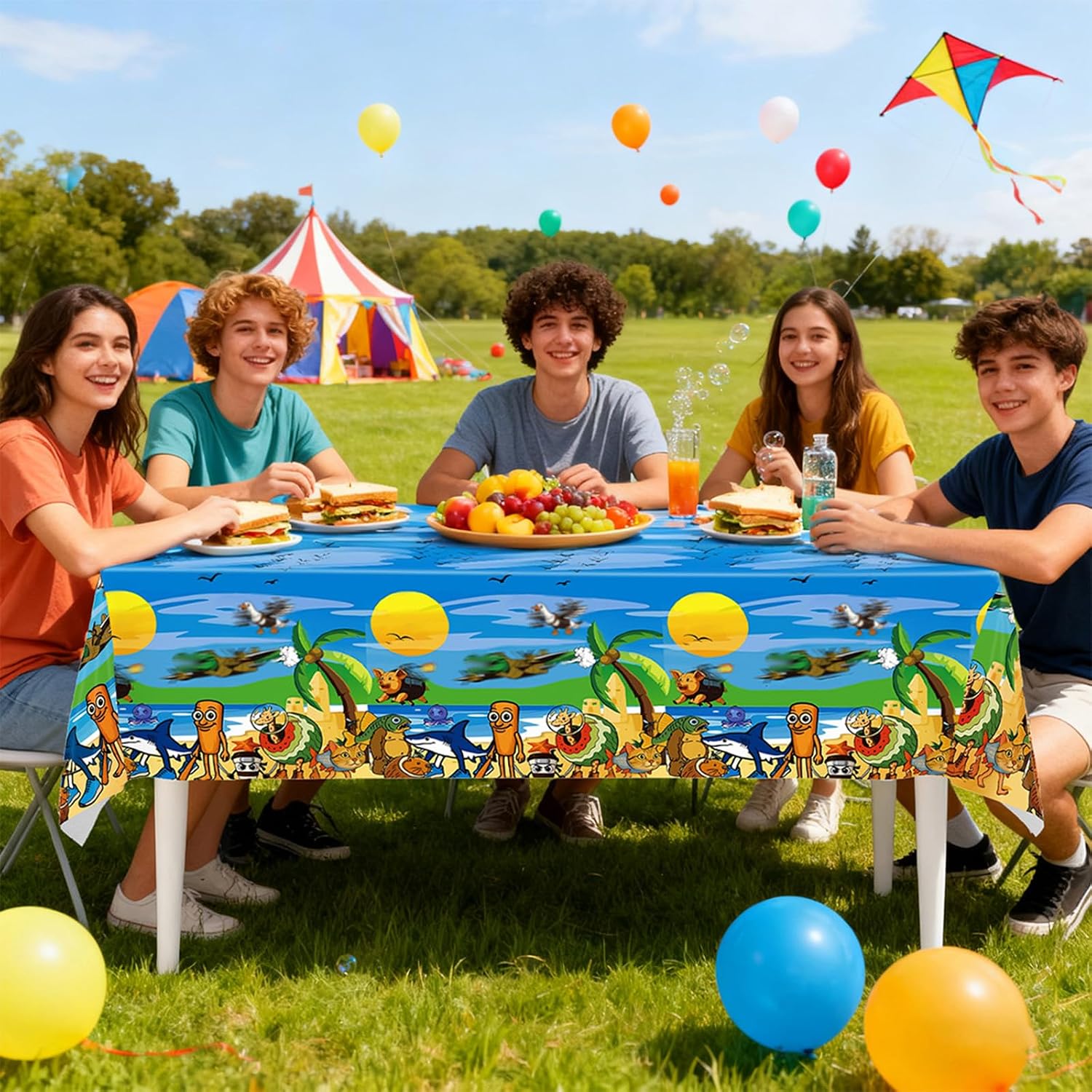 Italian Brainrot Party Tablecloth, Tung Tung Tung Sahur and Tralalero Tralala, 108 x 54Inch, Rectangle, Perfect for Birthday, Party Favors & Festival Celebrations, Brain Rot Themed Party Supplies image 4