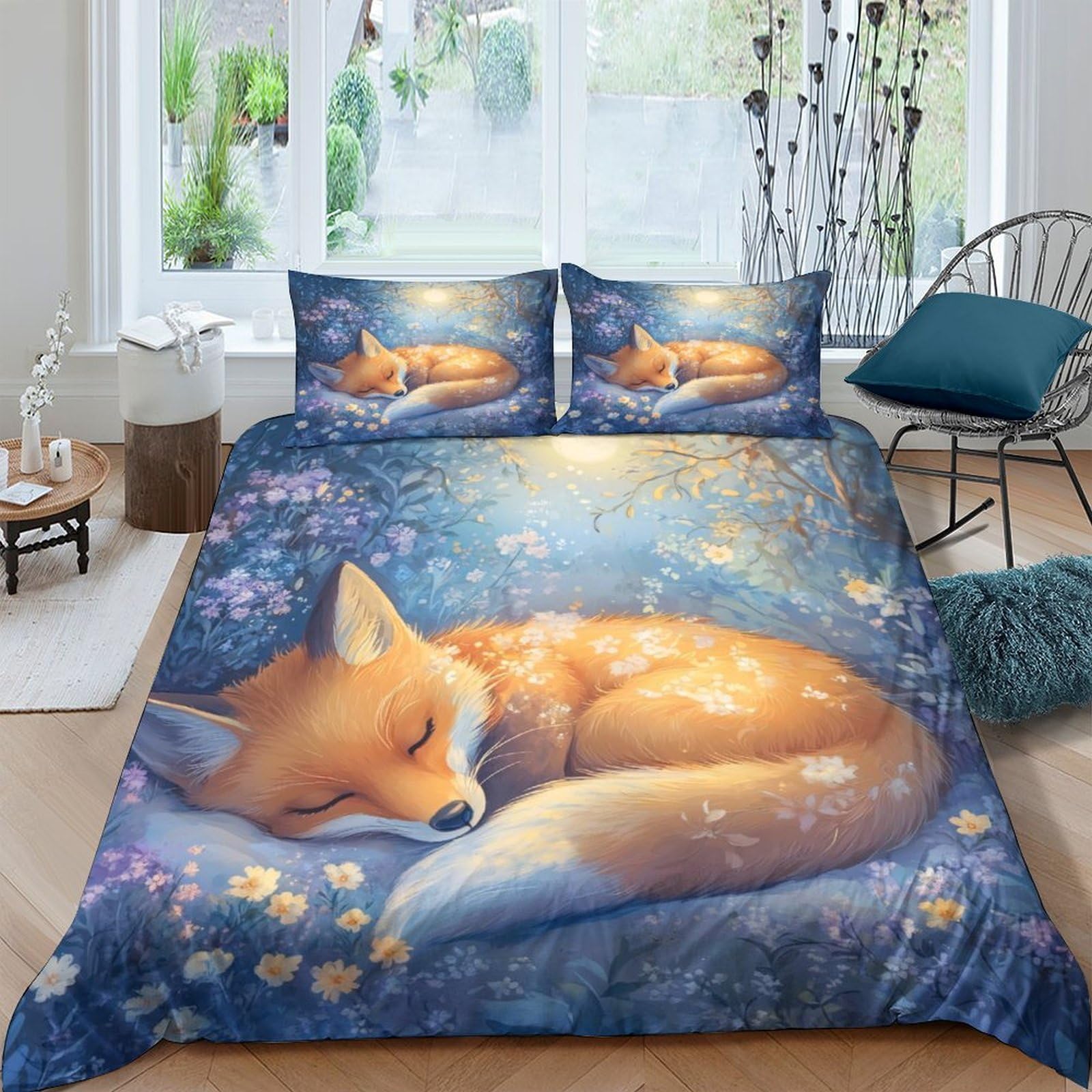 TUFRTGYHN 3D Printed Sleeping Fox Duvet Cover Microfiber Soft Breathable Floral Meadow Bedding Set with 2 Pillowcases for Bedroom Decor Single（135x200cm）