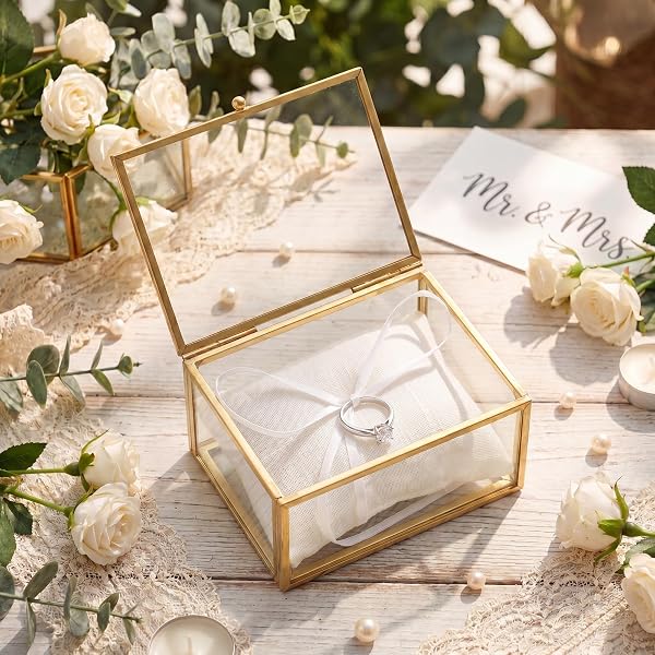 Unittype Vintage Glass Jewelry Box with Pillow Decorative Box 4x3x2 Inch
