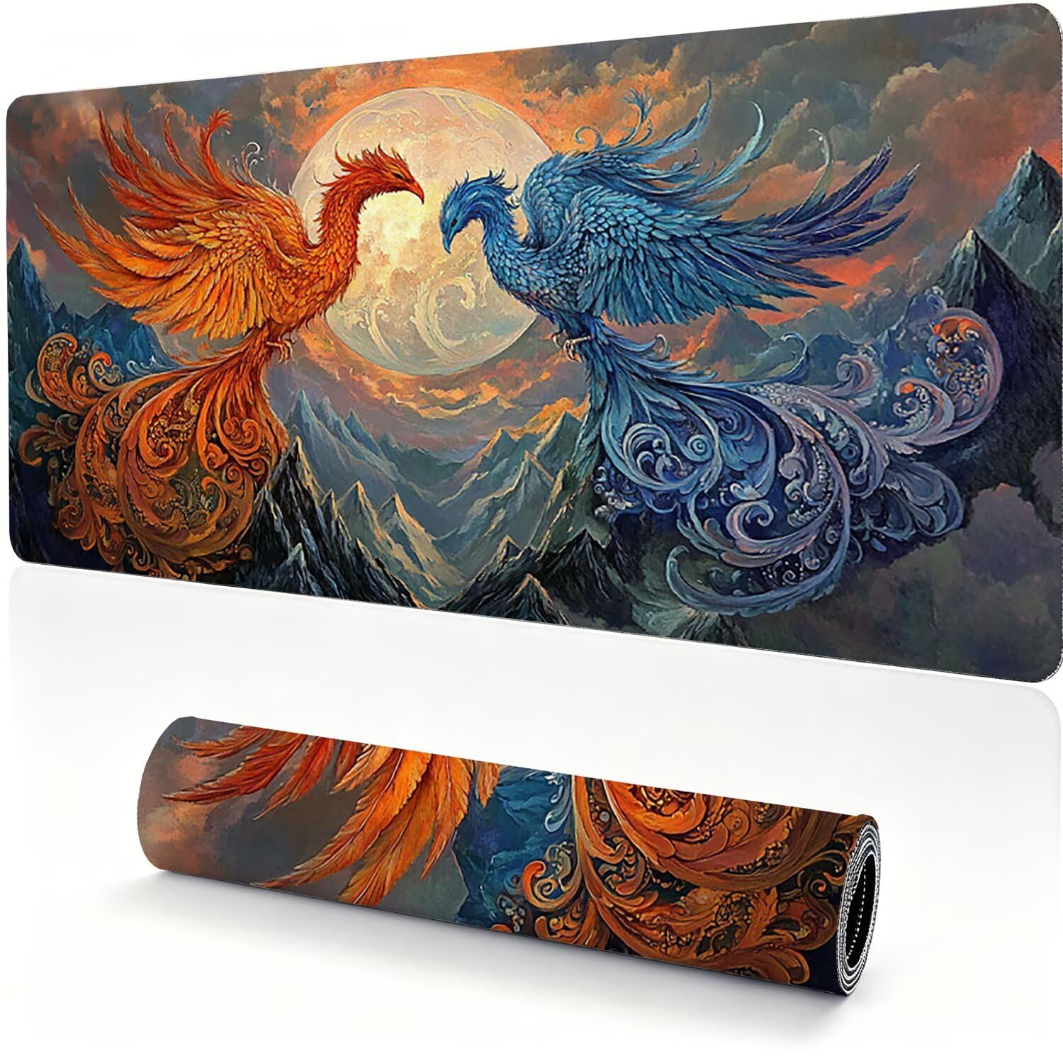 Tappetino Mouse Gaming XXL, Mousepad 1200x600x4mm Fenice fiamma 0x0-155 | Tappetino Scrivania con Base in Gomma Antiscivolo Bordi Cuciti per Computer, PC, Migliora la Precisione e la Velocità