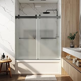 Bathtub Shower Door, 56"- 61" W x 66" H, Single Side Frosted Glass,SGCC Certified 3/8" (10 mm) Tempered Glass，Frameless Close Soft Shower Door, Stainless Steel Matte Black Finish.