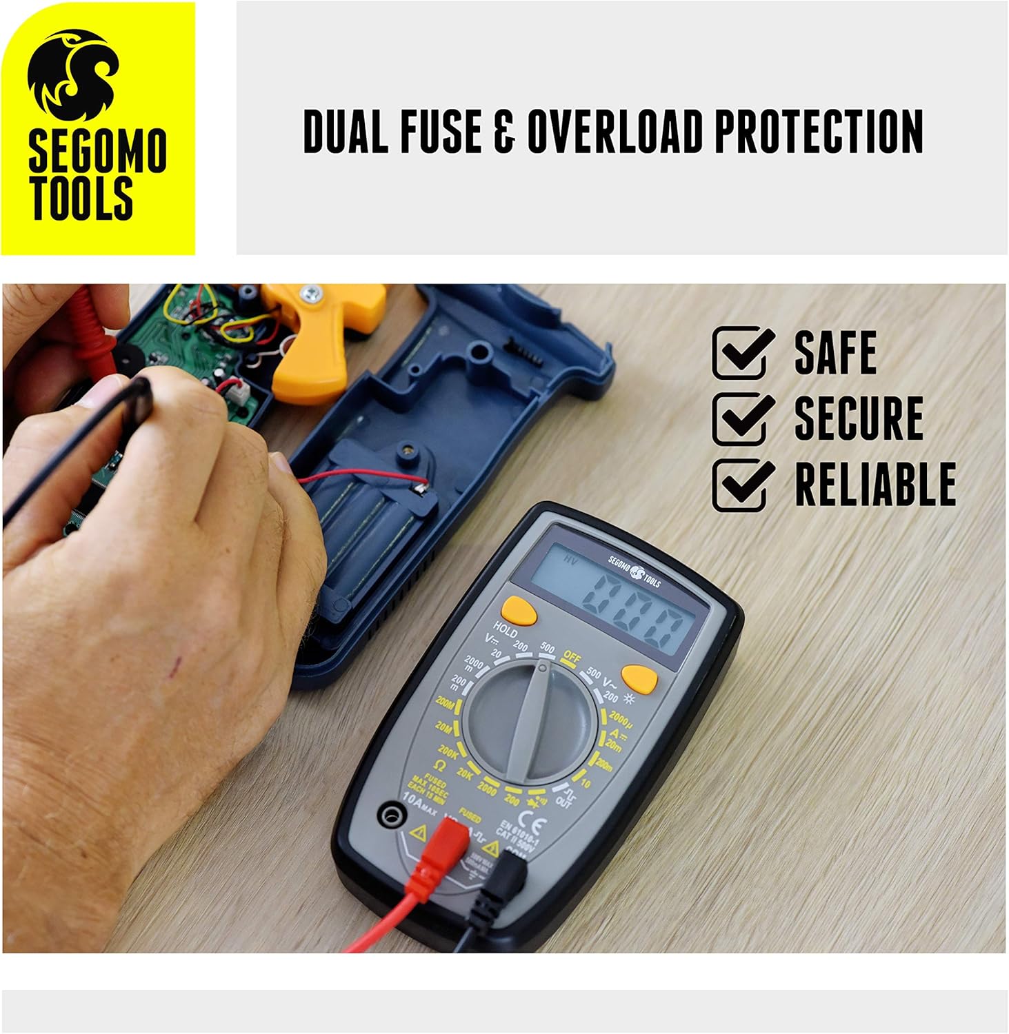 Segomo Tools 500 Volt Multimeter - Amp & Diode Voltage, Resistance & Continuity Digital Multimeter - Voltage Tester AC & DC - Continuity Tester & Voltage Meter - Multimetro - DM500
