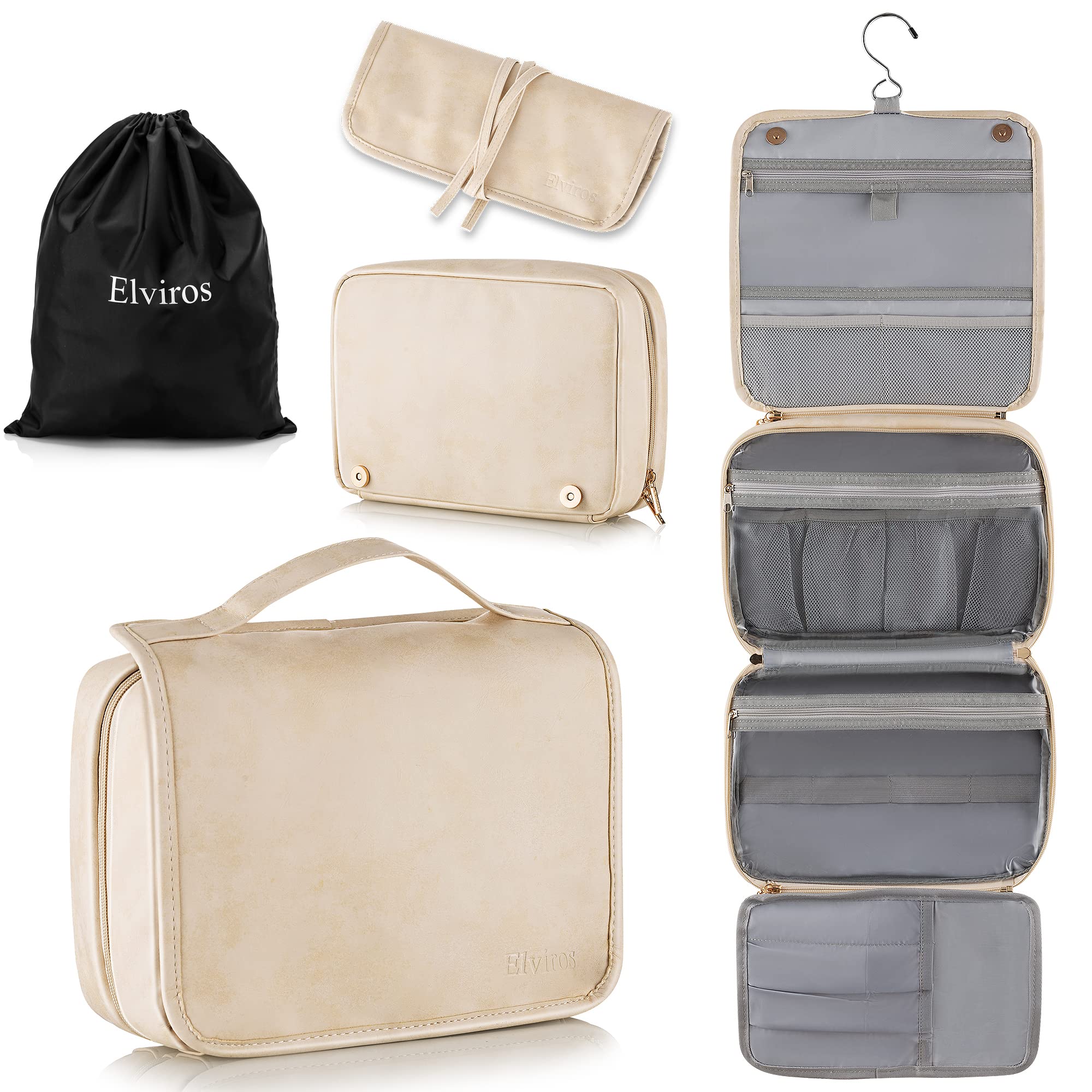 Elviros Toiletry Bag Hanging Travel Organizer for Men and Women, 3 in 1 Multifunctional Large Makeup Cosmetic Case for Toiletries Accessories, Water-resistant PU Leather Bathroom Dopp Kit Shaving Bag