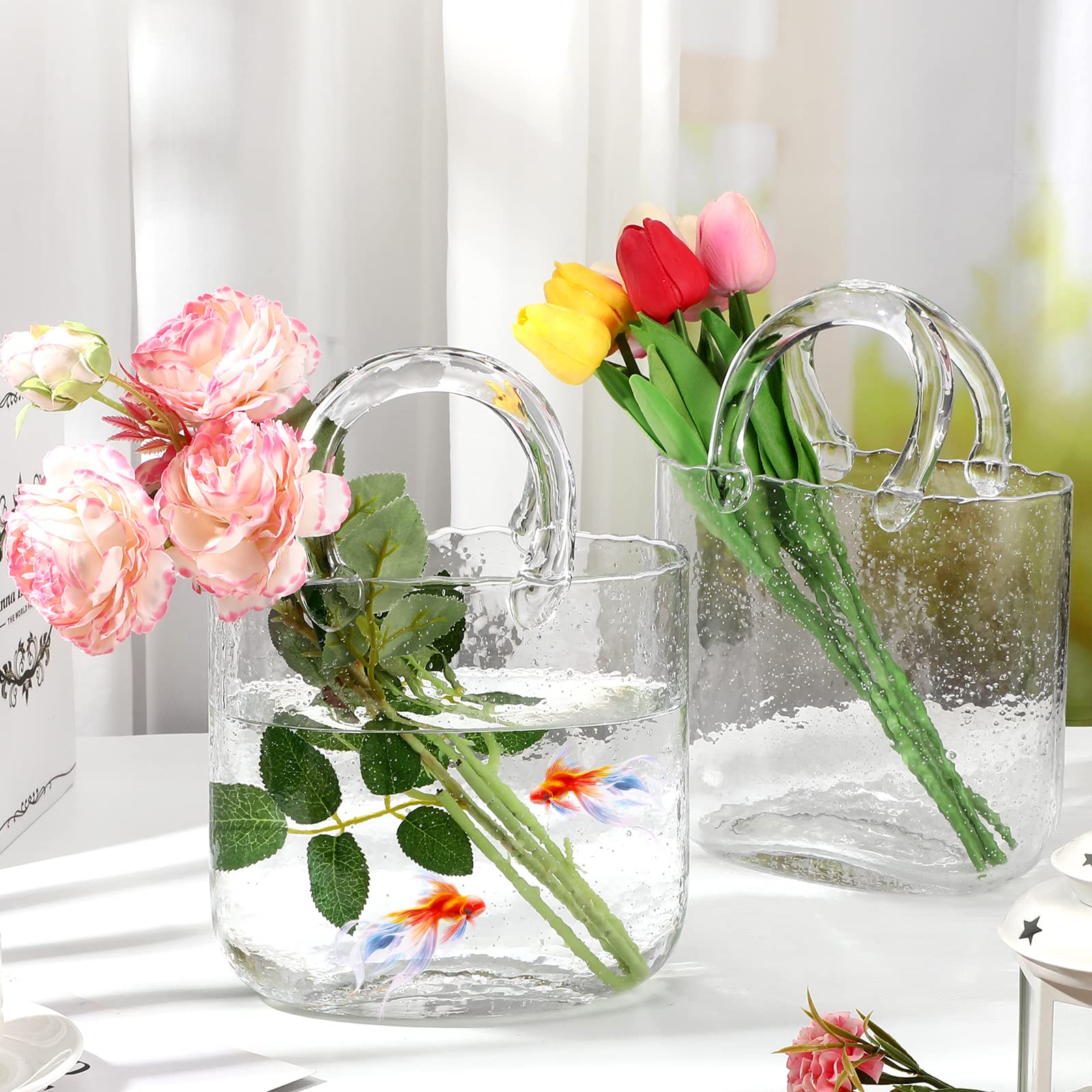 Didaey 2 Pcs Glass Purse Vase for Flowers Glass Bag Vase with Fish Bowl