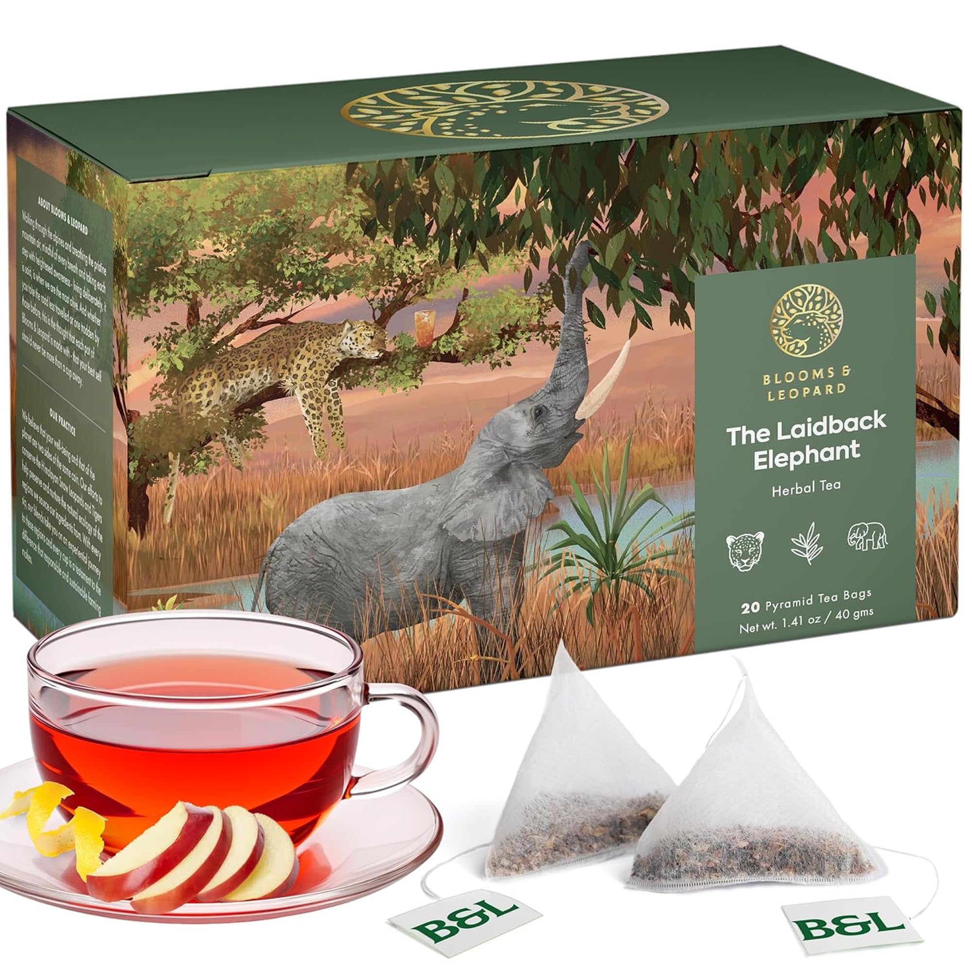 Blooms & Leopard Premium Herbal Tea Bags | The Laidback Elephant Blend | Rooibos, Apple, Lemongrass, Lemon Peel & Coconut Flakes | Caffeine-Free