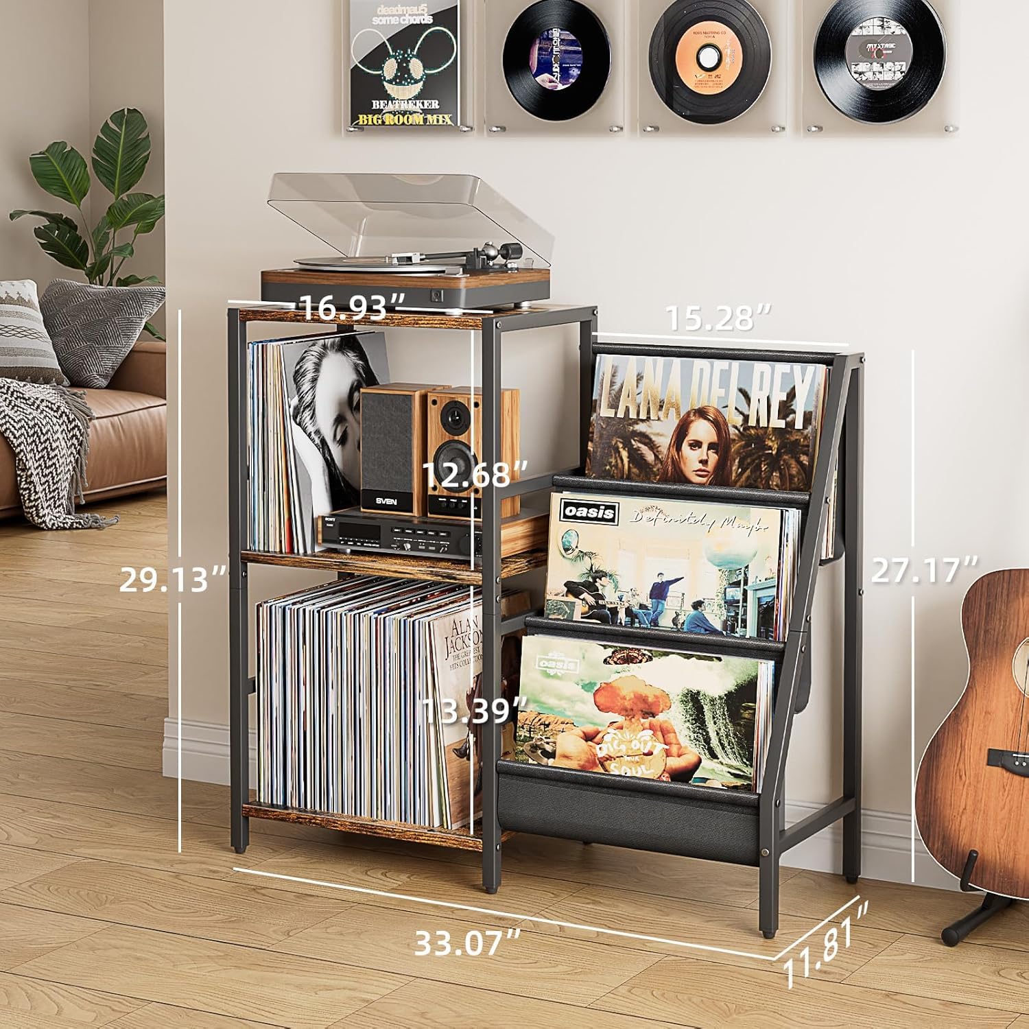 Mobile Giradischi e Porta Vinili, Porta Dischi Vinile, Vinili da Parete a 3 Livelli, Mobile per Giradischi e Vinili Archiviazione fino a 200 Albums, Cds