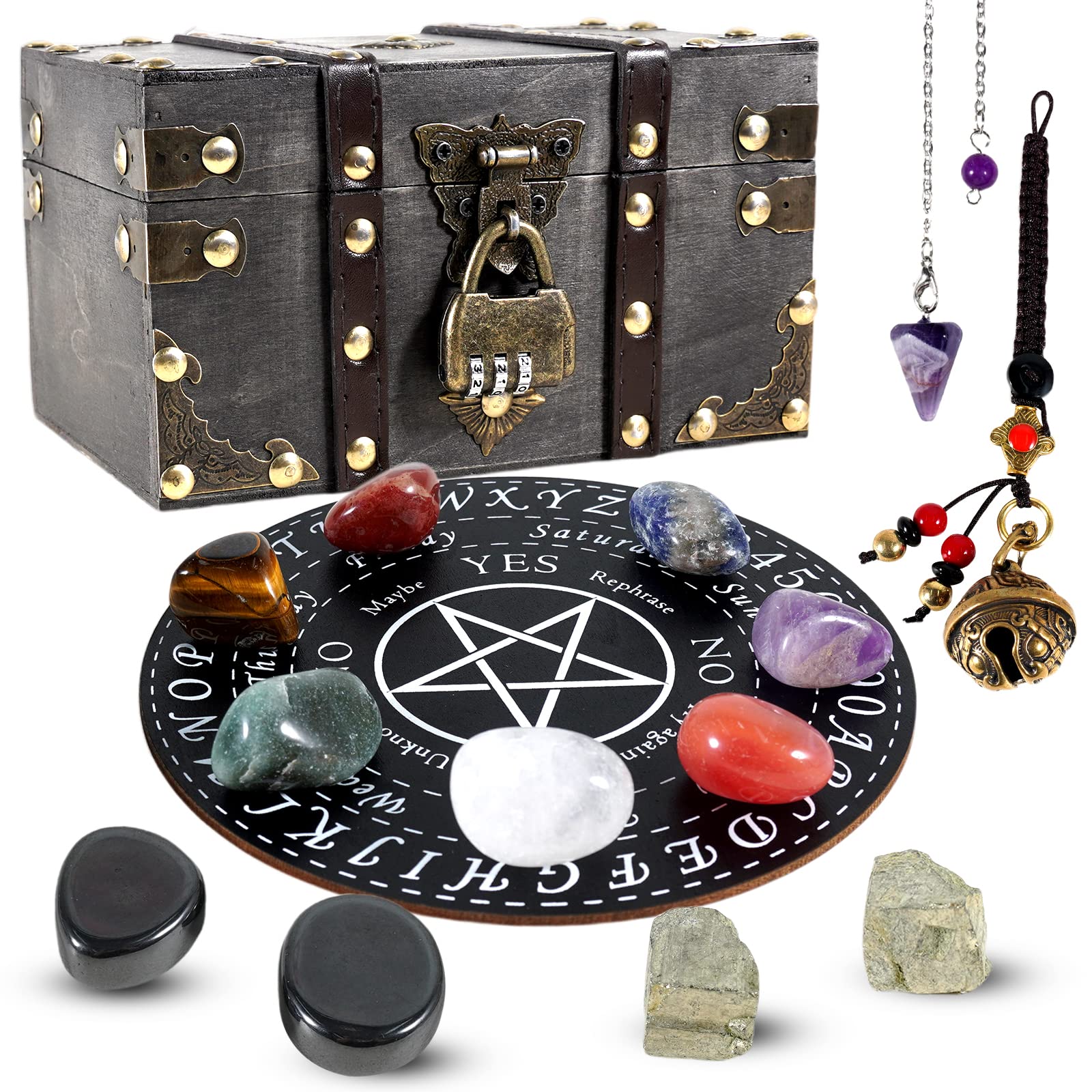 soulnioi 15pcs Healing Crystal Set including Wooden Box for Beginners: 7 Chakra Tumble Stones, Amethyst Pendulum, Hematite