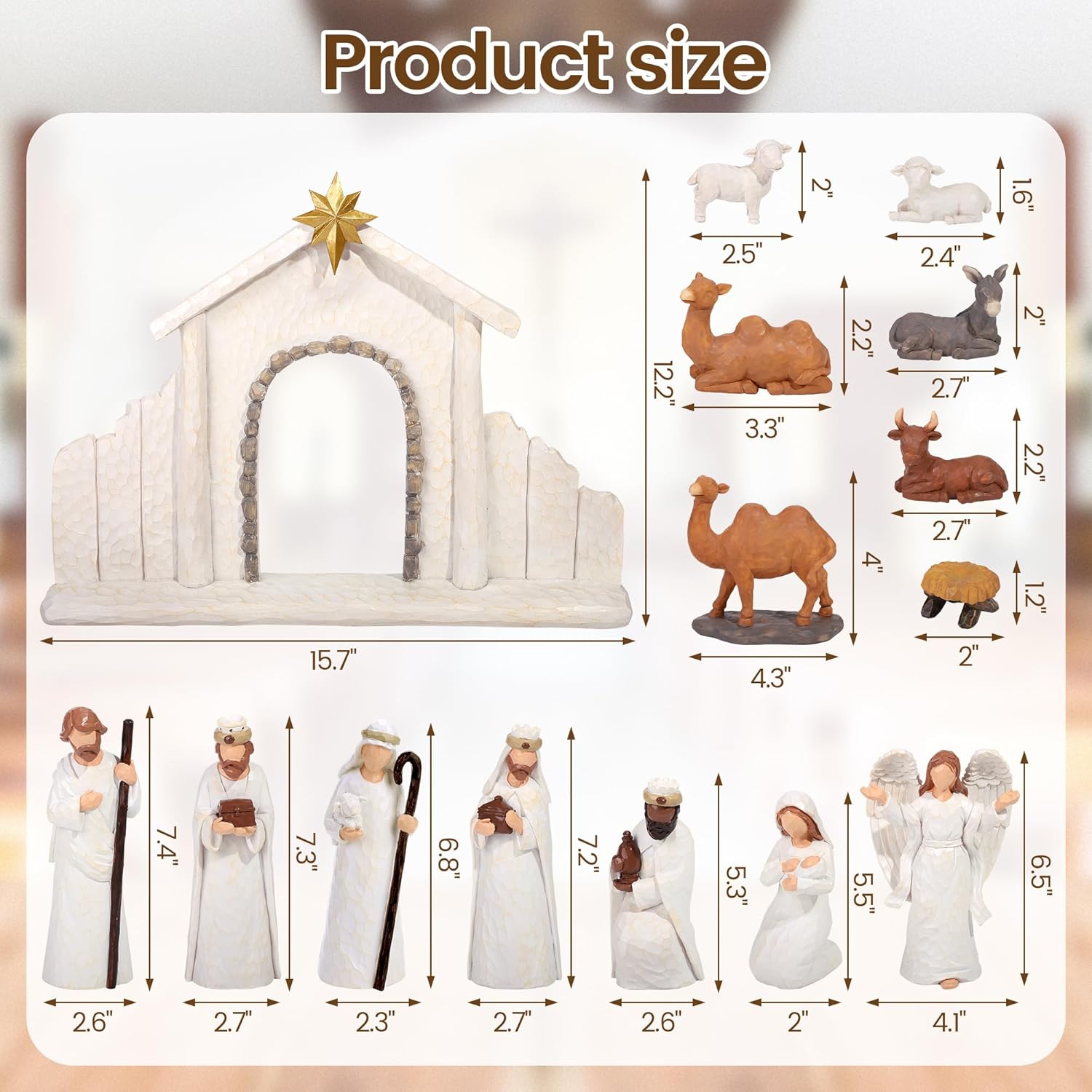 Aneco 15 Pieces Classic Nativity Set Christmas Nativity Stable Manger Figurine Resin Decor Christmas Tabletop Scene Shepherds, Animals and Angels for Xmas Indoor Home Decorations