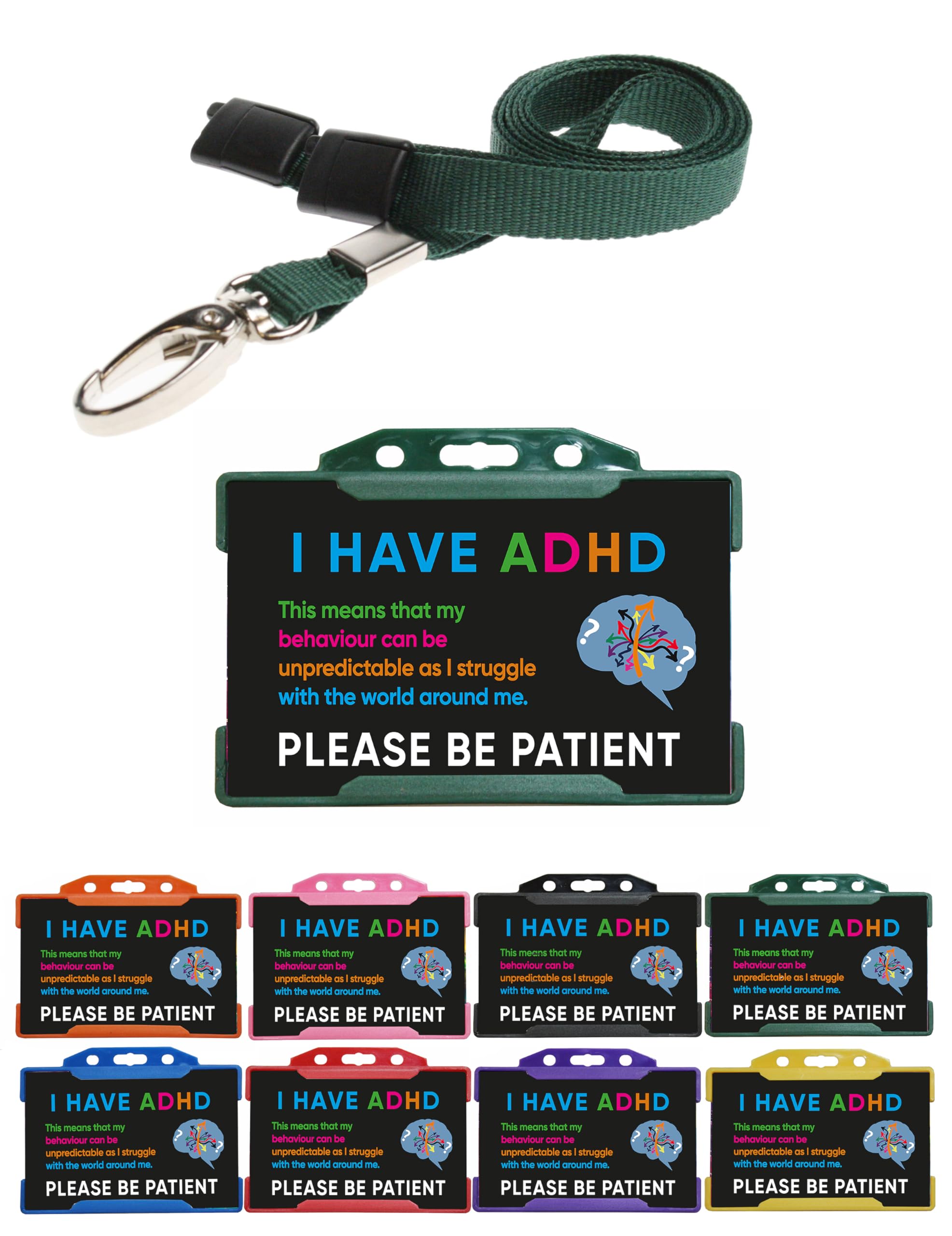 ADHD Card Black I Have ADHD Please Be Patient Card with Green Badge Holder & Lanyard Quantum Leap