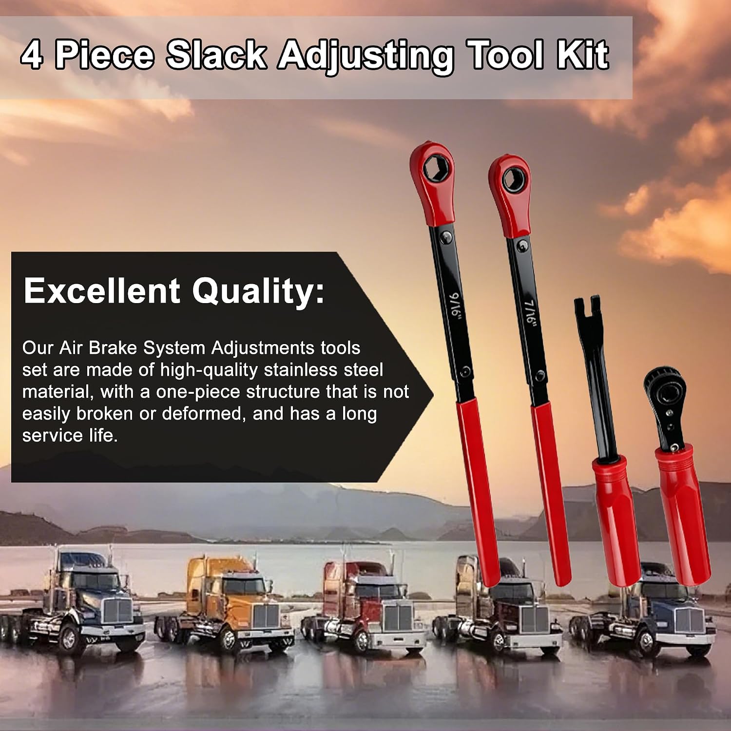 4Pcs Slack Adjuster Tools Set, 5/16" 7/16" 9/16" Heavy Duty Truck Brake Adjustment Wrench, Fork End Release Tool & Double Square Ratcheting Wrench for Semi Truck Trailer Air Brake Adjuster tools