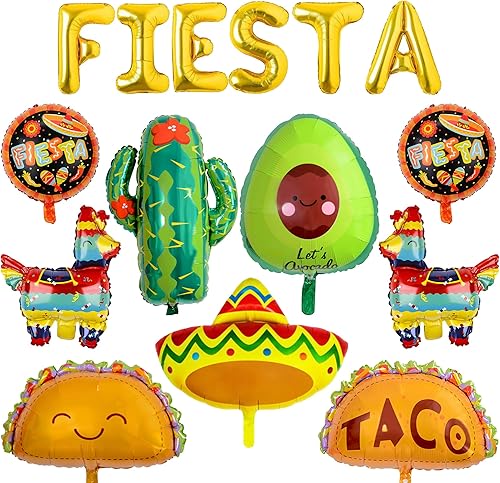 Miniatura 1 de Globos de aluminio para decoración de fiesta mexicana, 14 unidades, incluye cactus aguacate, sombrero, piñata, burritos, globos de aluminio para