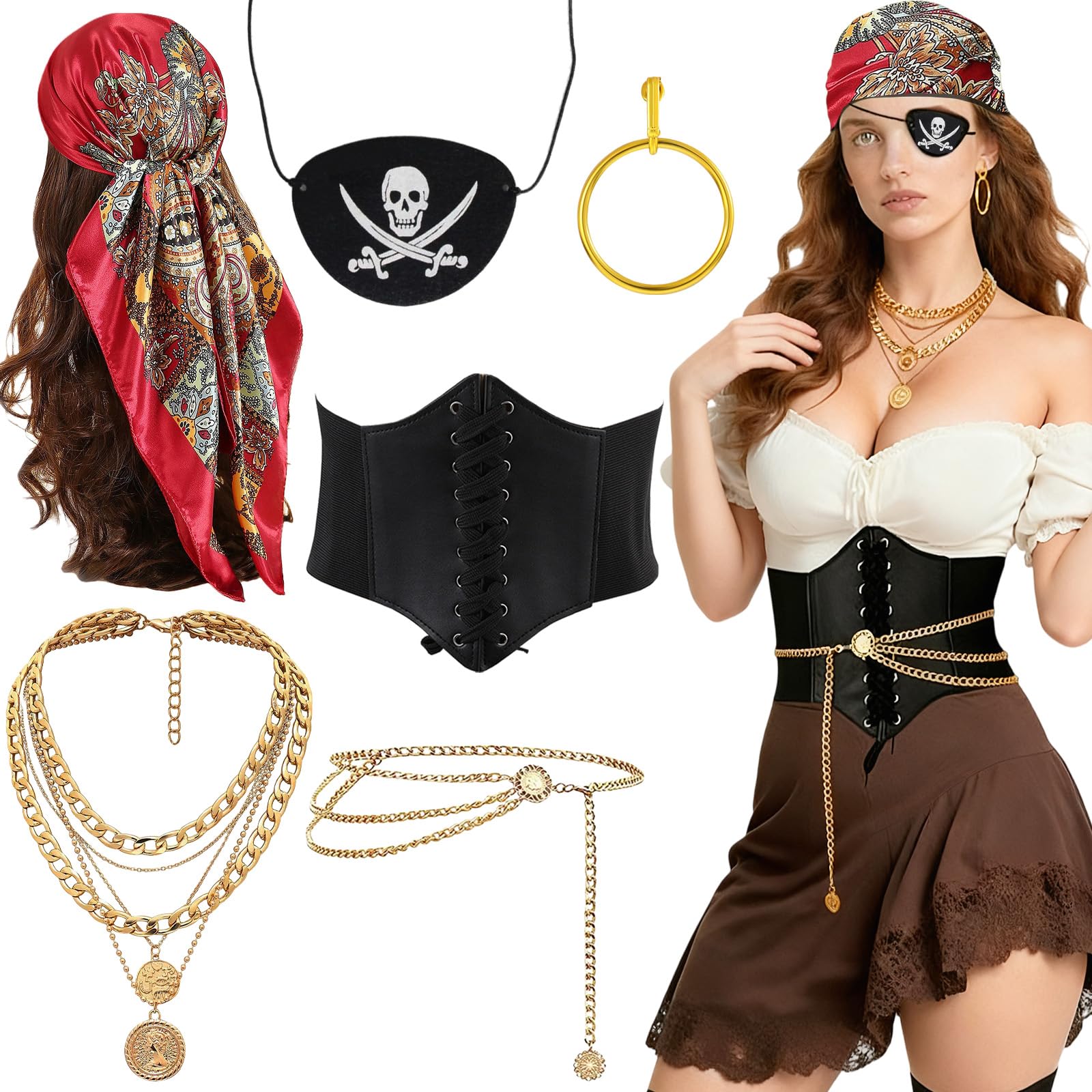 GWAWG 6 Pcs Pirate Costume Accessories Set | Headscarf + Waistband + Waist Chain + Eye Patch + Necklace + Earrings | Pirate Accessories Women for Carnival, Cosplay Parties