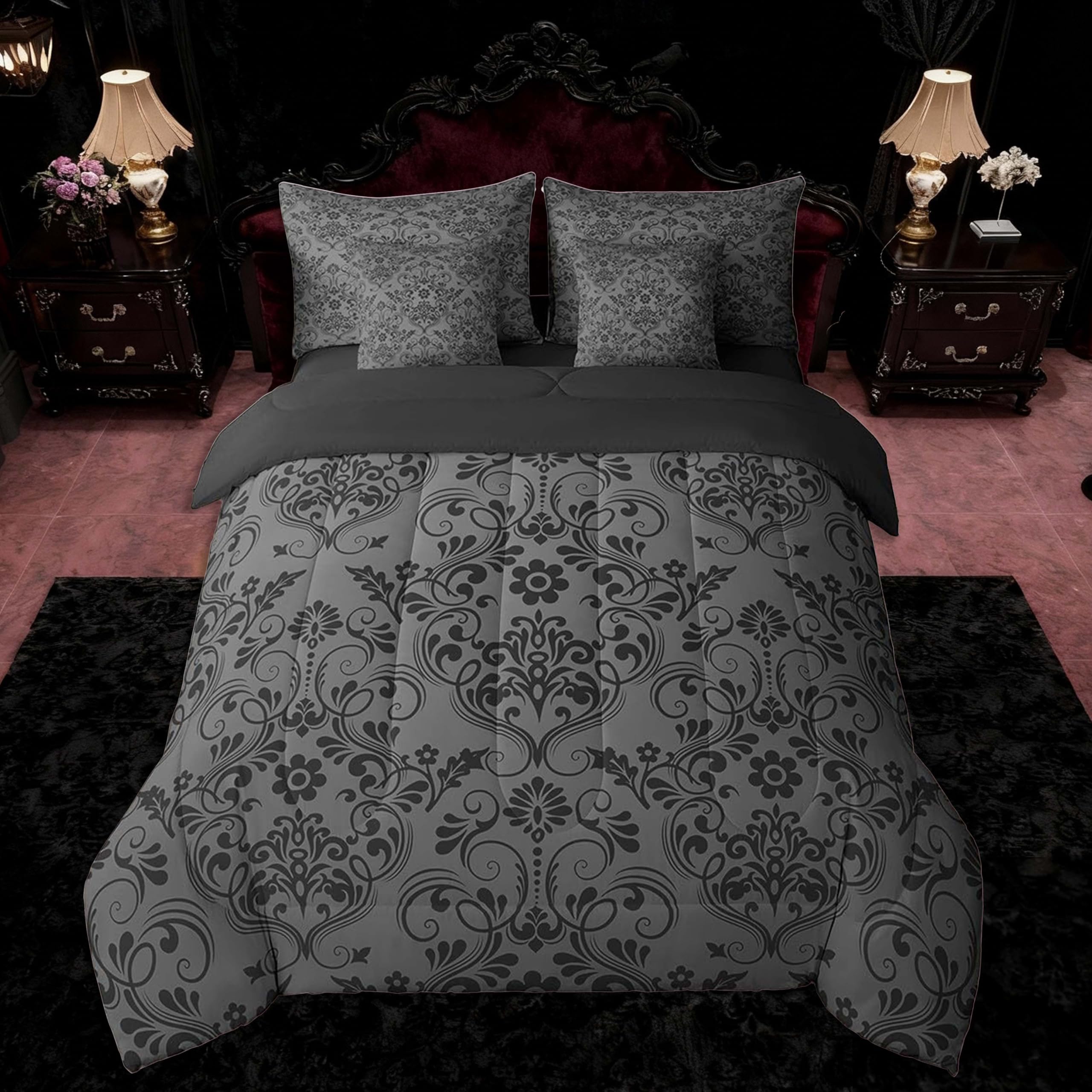 Feelyou Adults Black Vintage Damask Floral Bedding Set Oriental Antique Comforter Set 7 Pieces Comforters Queen Size Gothic Bohemia Boho