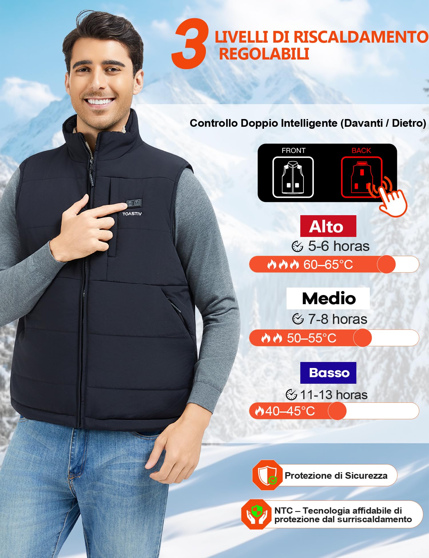 Gilet Riscaldato Uomo con Batteria 20000mAh 7.4V - 8 Zone di Calore, Interno in Pile Caldo, Fino a 12 Ore, Lavabile Gilet Termico Elettrico