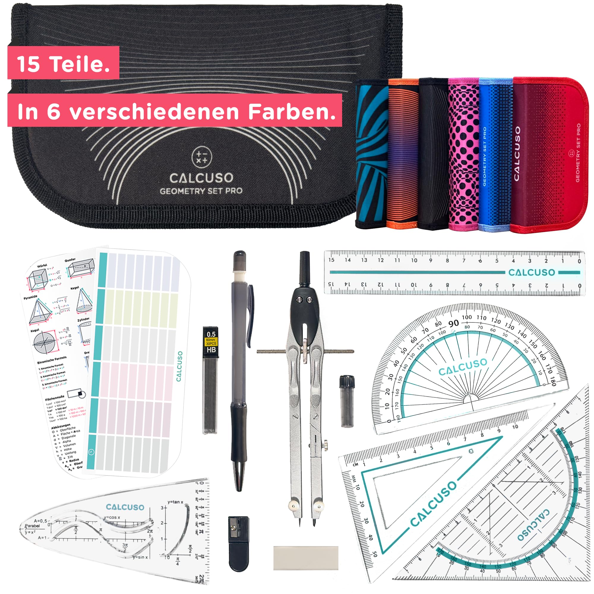 CALCUSO Geometrie Set Pro – 15-teiliges Geodreieck Set mit Zirkel mit Feststellrad, Lineal, Radiergummi und Anspitzer in schwarzer Federmappe – ideal für Schule, Uni, Büro, Zirkel ab 4. Klasse