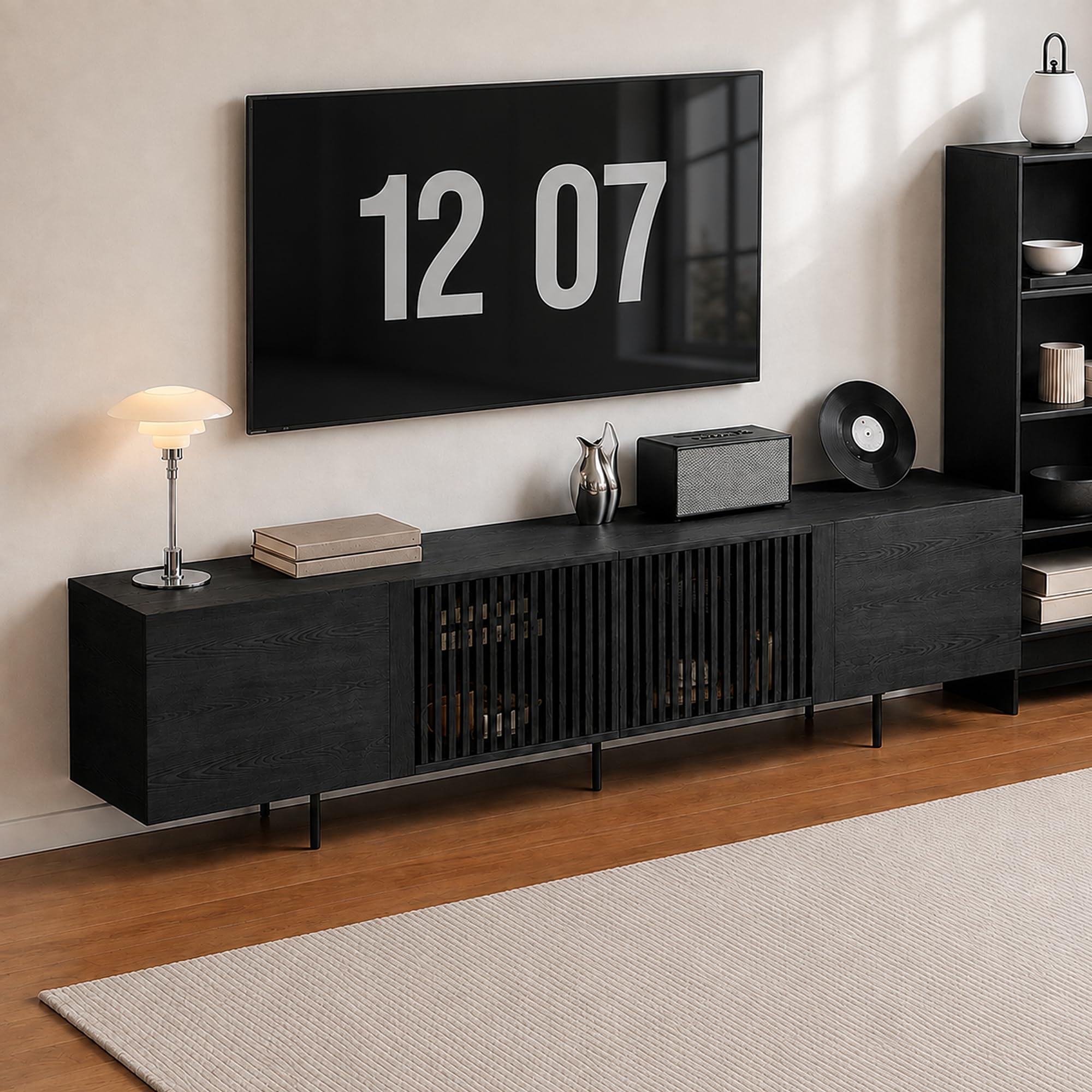 KAANAA TV Schrank 240 cm, Lowboard mit Lamellentüren, Schwarz | 240 cm TV Lowboard, Lamellentüren, großer Stauraum, Holzoptik, für Fernseher bis 75 Zoll, modernes Wohnzimmer Design