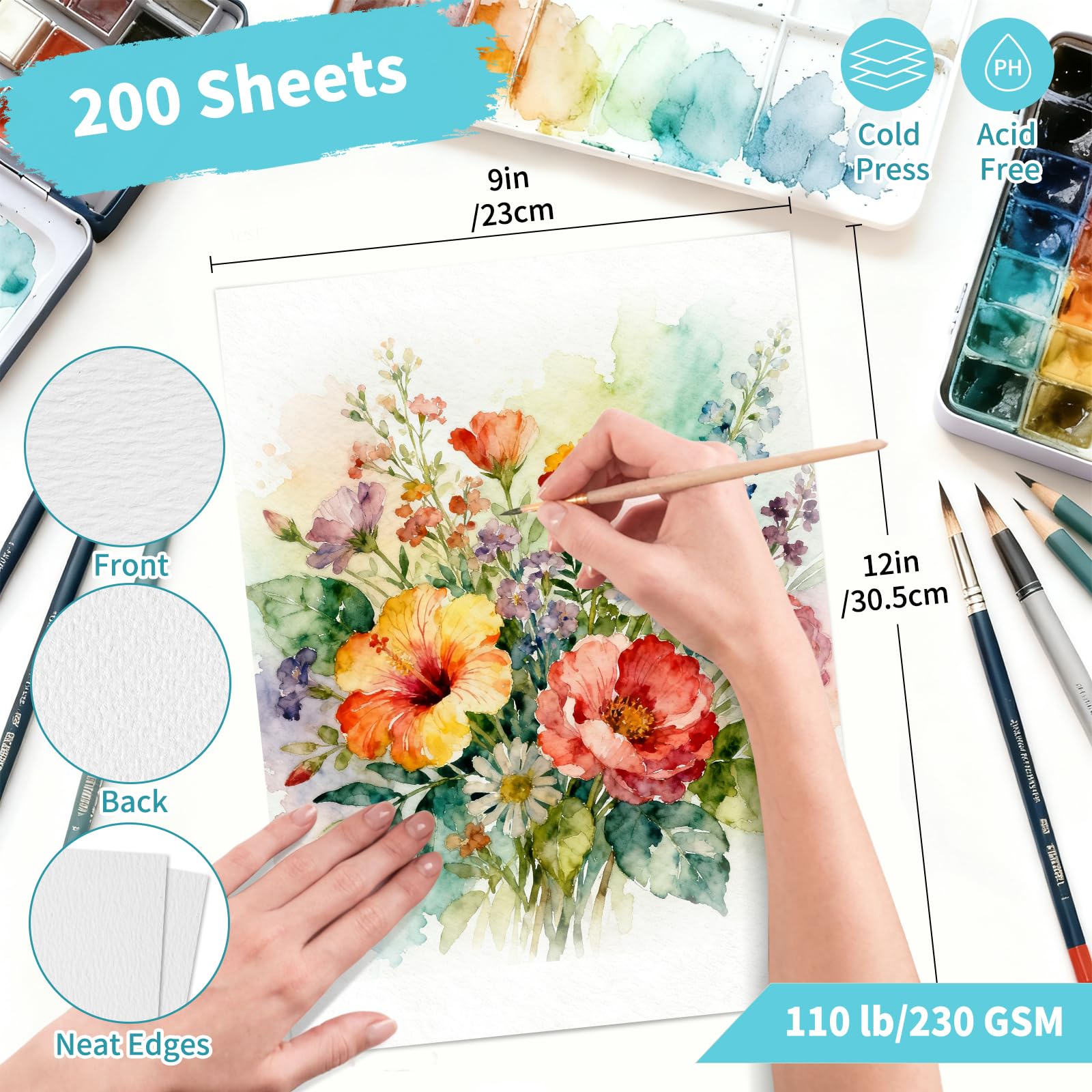 OSIMIG 200 arkuszy papieru akwarelowego, 220 g/m², biała gruba papierowa podkładka w kolorze wody dla dzieci, dorosłych, 220 g/m²