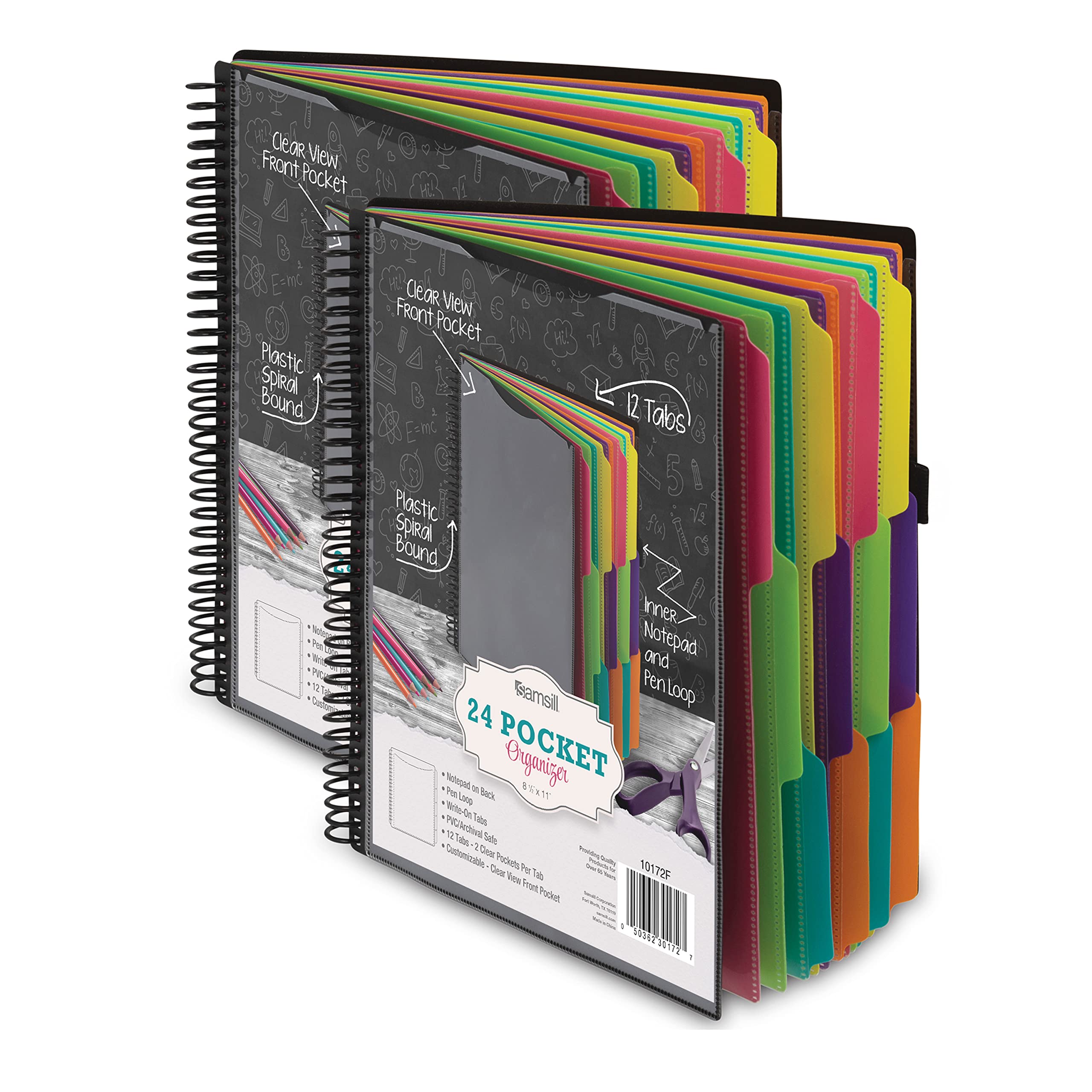 Samsill2 Pack Deluxe 24 Pocket Spiral Project Organizer with Refillable Notepad, Customizable Front Cover, 12 Dividers with Erasable Write-On Tabs in Fashion Colors, Plastic Folders with Pockets