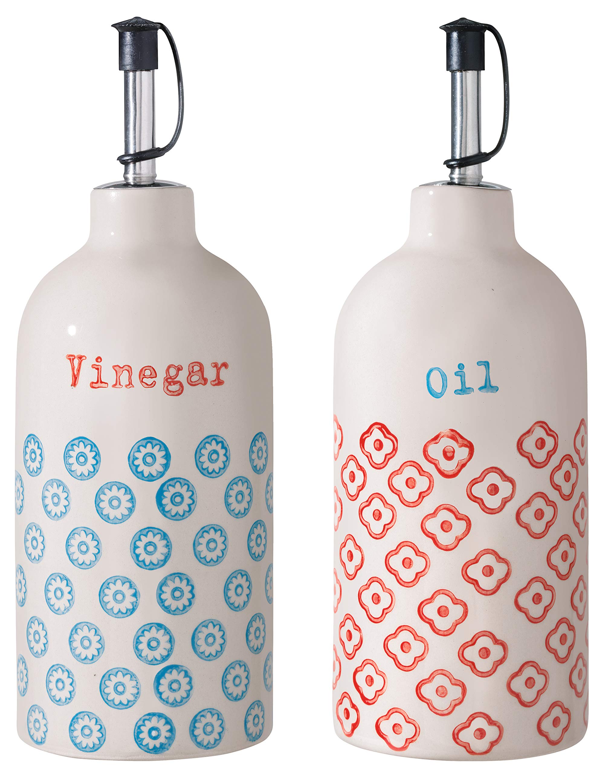 BLOOMINGVILLE Botellas para Aceite y vinagre Emma - Dispensador de Aceite y Vinagre ø 7 H 20 cm, Azul Rojo, Cerámica, Juego de 2, Capacidad 400 ml