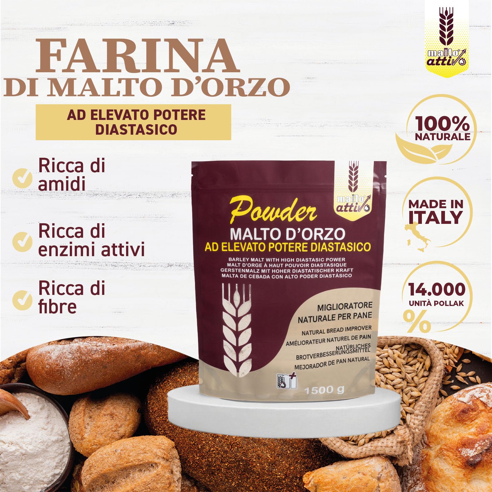 Malto Attivo, Box Powder da 3 pz di Powder 1.5Kg, Farina di Malto d’Orzo ad Elevato Potere Diastasico, Malto Diastasico Ideale per Panificazione, 14.000 Unità Pollak, Made in Italy.